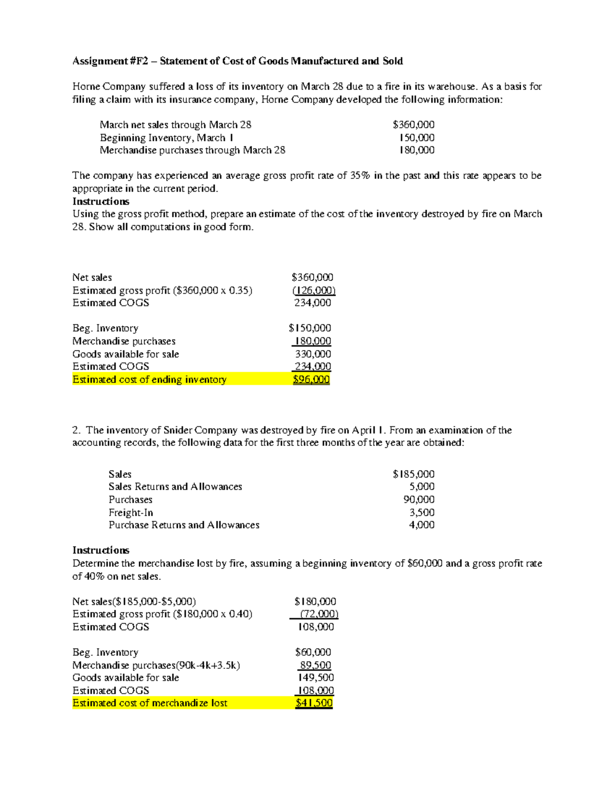 Assignment #F2 - Cost Concept (Q) - Assignment #F2 – Statement of Cost ...