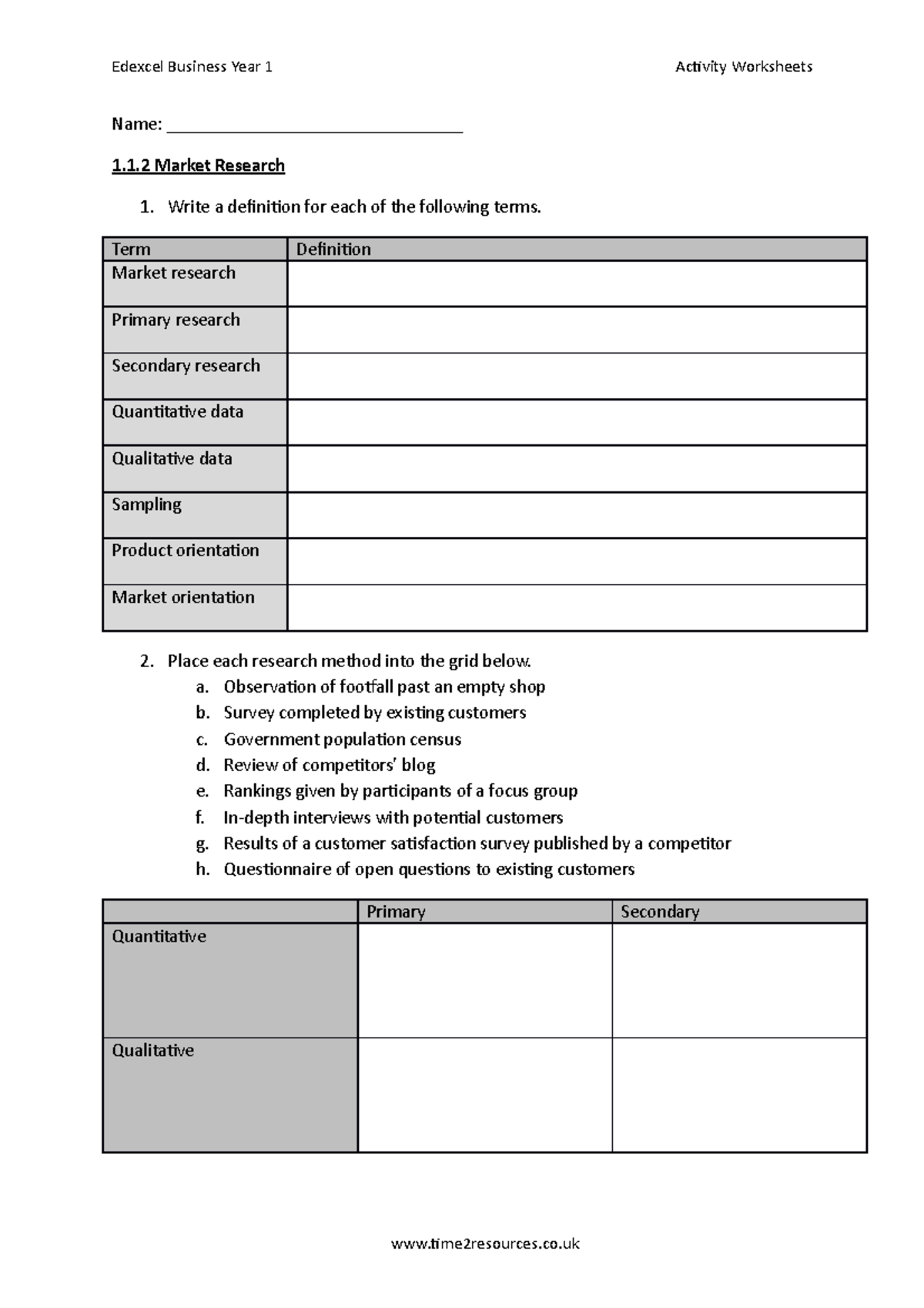 1.1.2 Market Research - practice with this. - Edexcel Business Year 1 ...