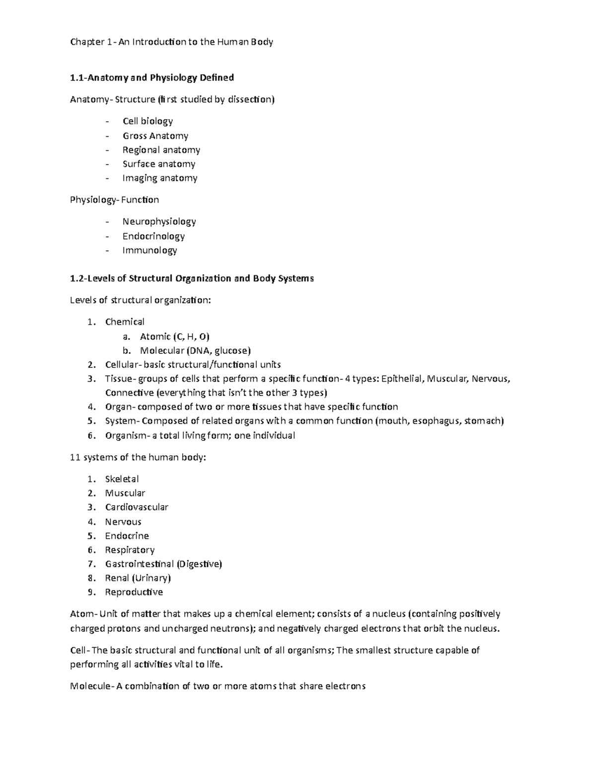 Chapter 1 Notes - Bio 235 - 1-Anatomy And Physiology Defined Anatomy ...