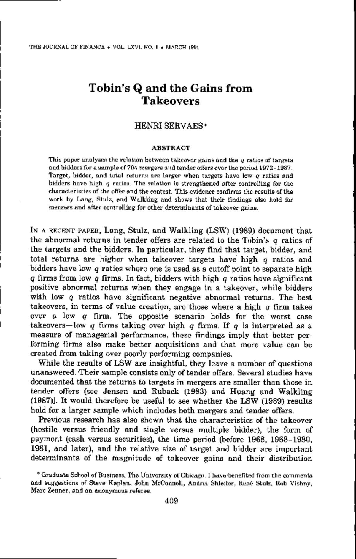 Tobin's Q and Gains from Takeovers, key papers - THE JOURNAL OF FINANCE ...