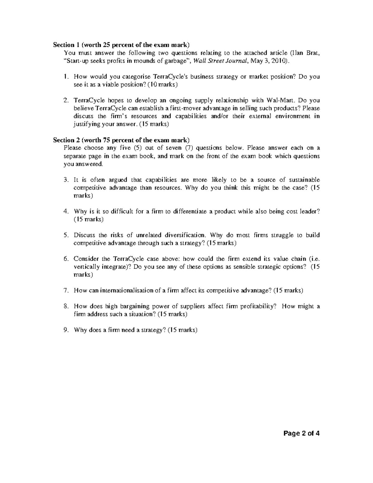 Exam 2010, questions - Section 1 (worth 25 percent of the exam mark ...