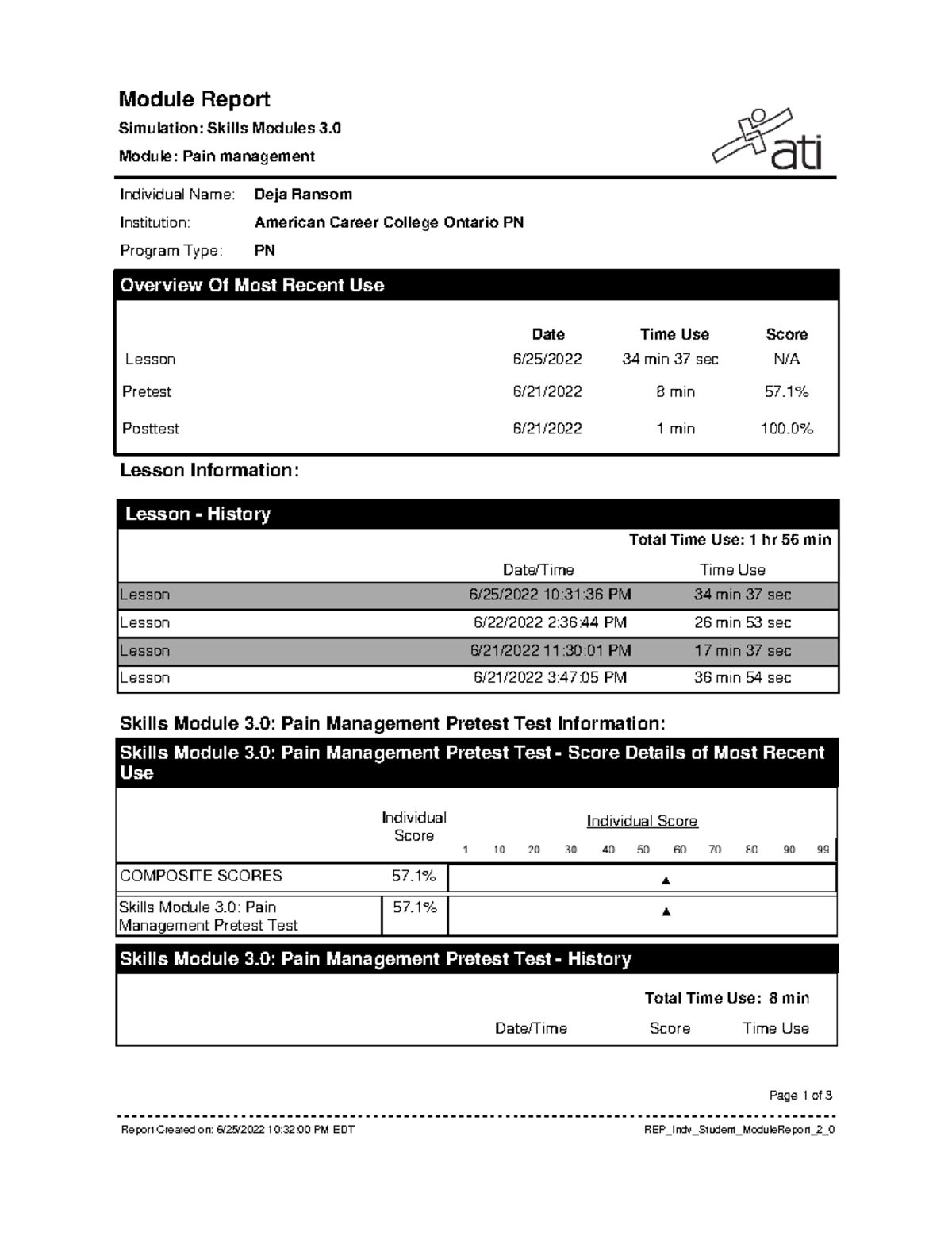 ATI pain management Module Report Simulation Skills Modules 3