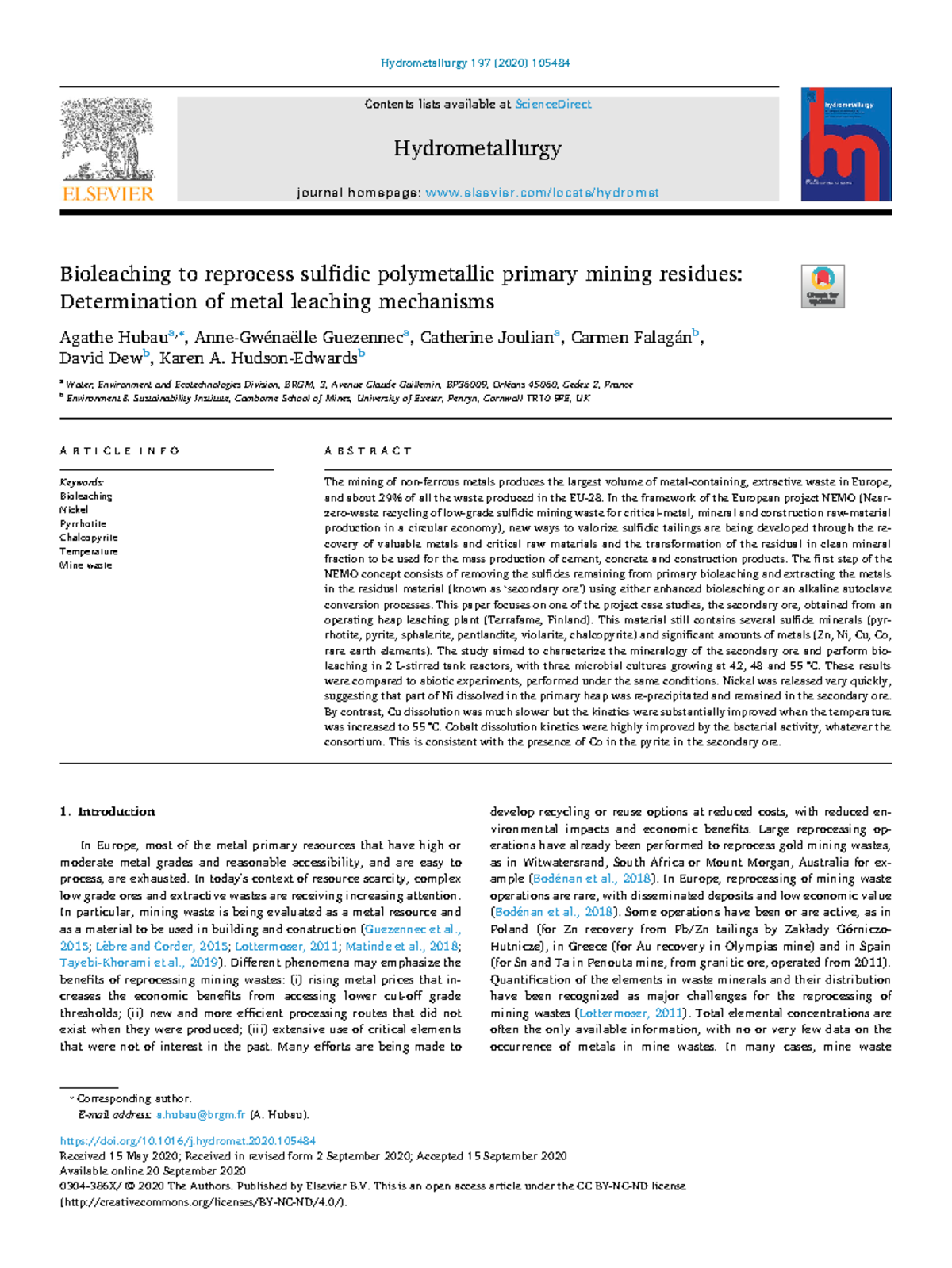 Bioleaching to reprocess sulfidic polymetallic primary mining residues ...