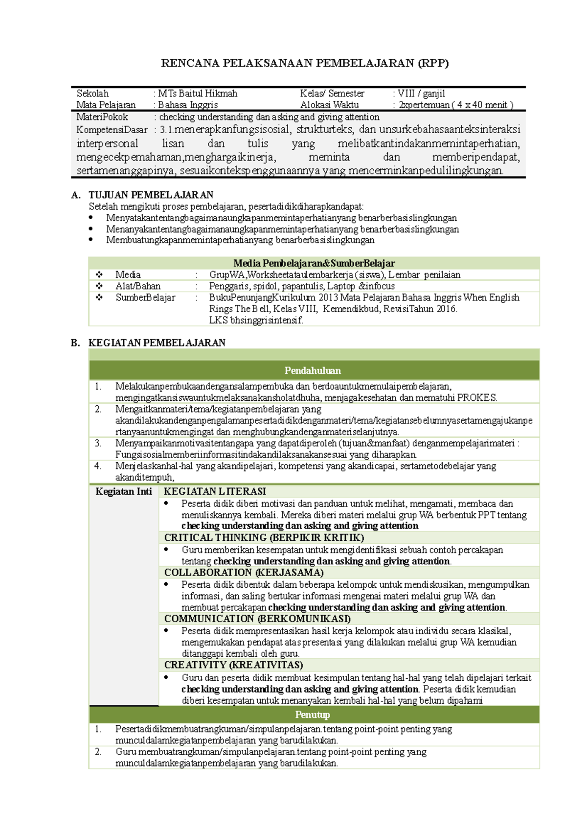 RPP 2 Checking Understanding - RENCANA PELAKSANAAN PEMBELAJARAN (RPP ...