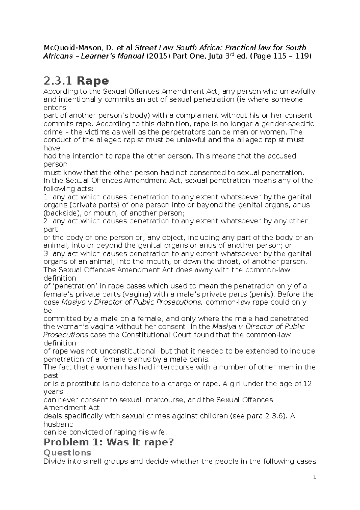 Street Law notes on Criminal Law McQuoidMason, D. et al Street Law