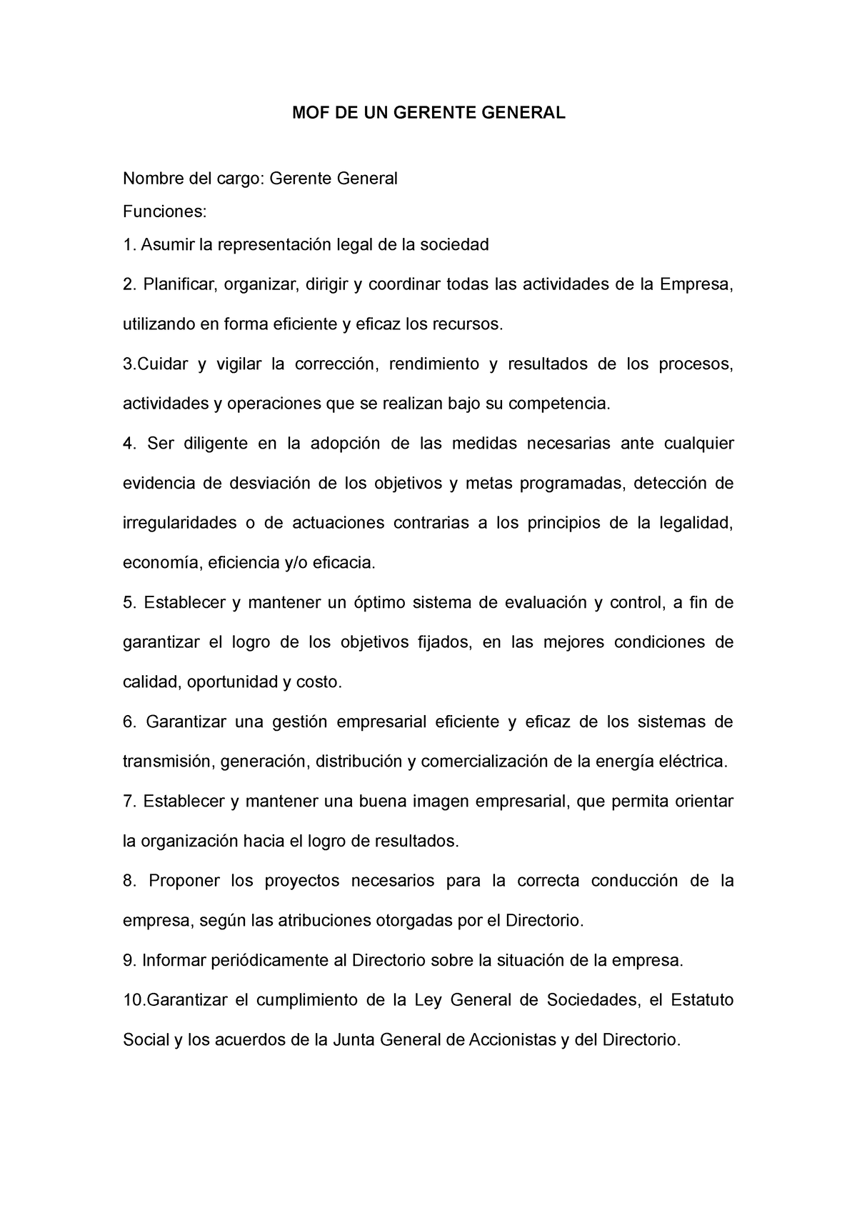 Manual De Organizacion Y Funciones De Un Gerente General Mof De Un Gerente General Nombre Del 1241