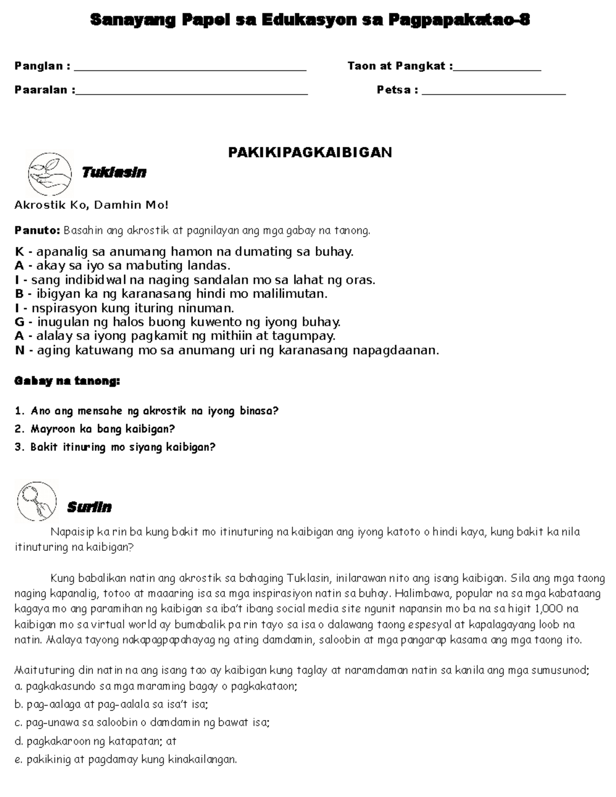 Sanayang Papel Sa Edukasyon Sa Pagpapakatao Pakikipagkaibigan ...