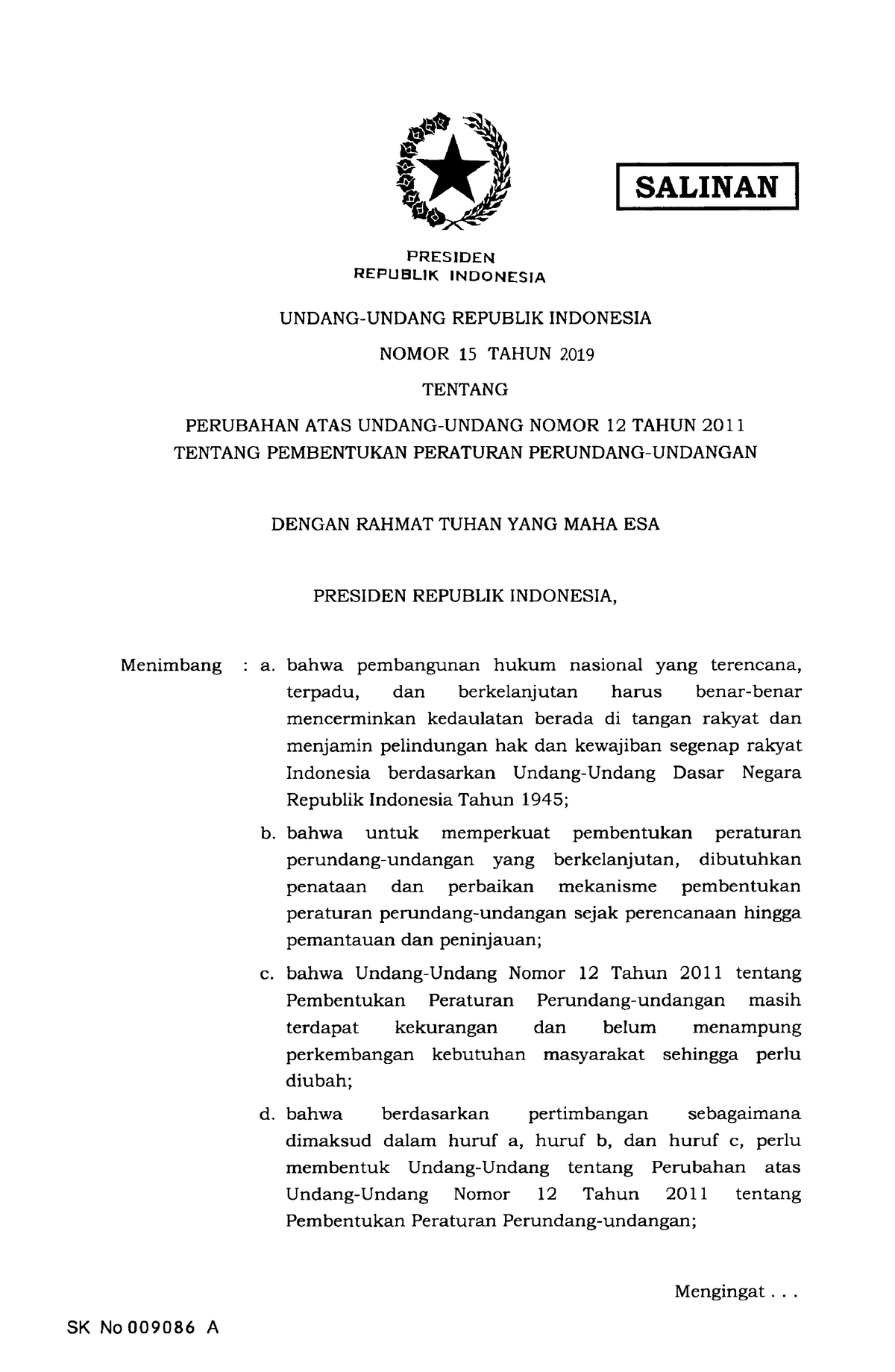 UU Nomor 15 Tahun 2019 - SATINAN Menimbang PRESIDEN REPUBLIK INDONESIA ...