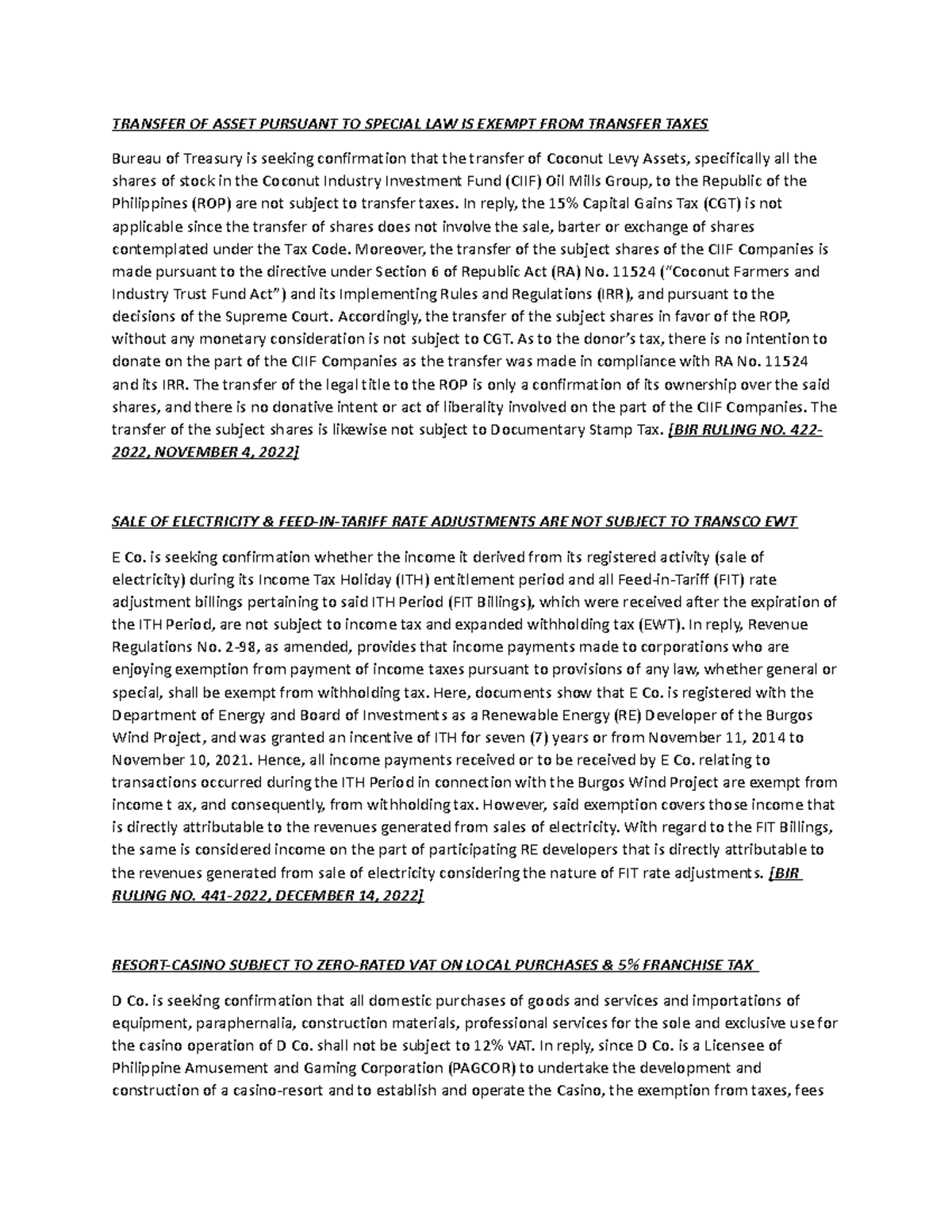 BIR Rulings compilation TRANSFER OF ASSET PURSUANT TO SPECIAL LAW