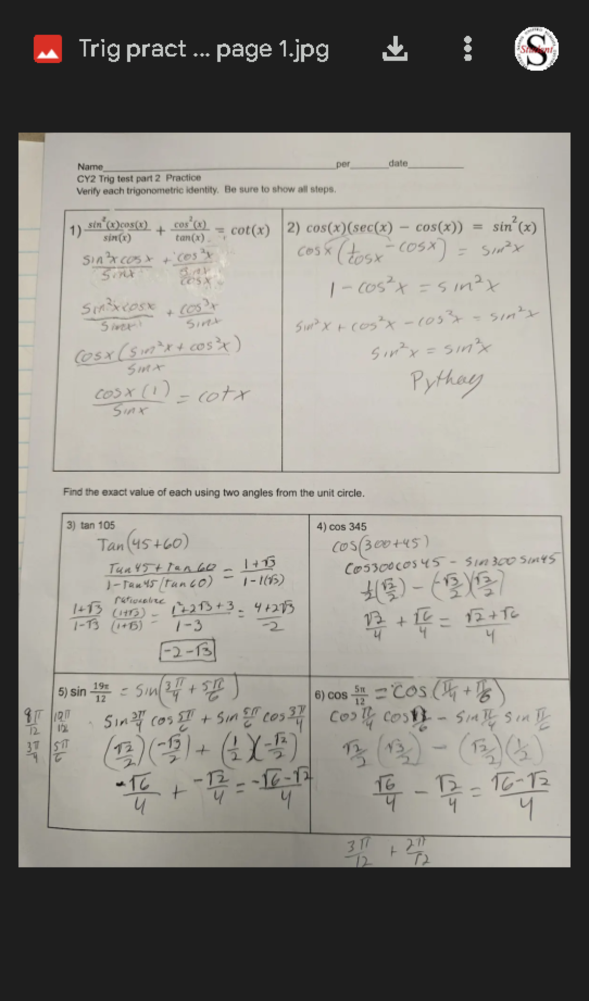Trig practice test part 2 page 1.jpg - Google Drive - Name per date CY2 ...