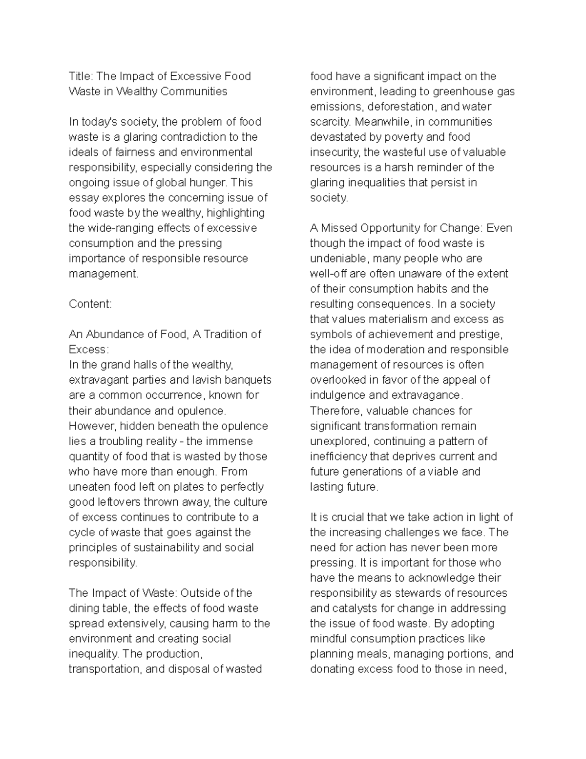 Food Waste Story - Essay Writing - Title: The Impact of Excessive Food