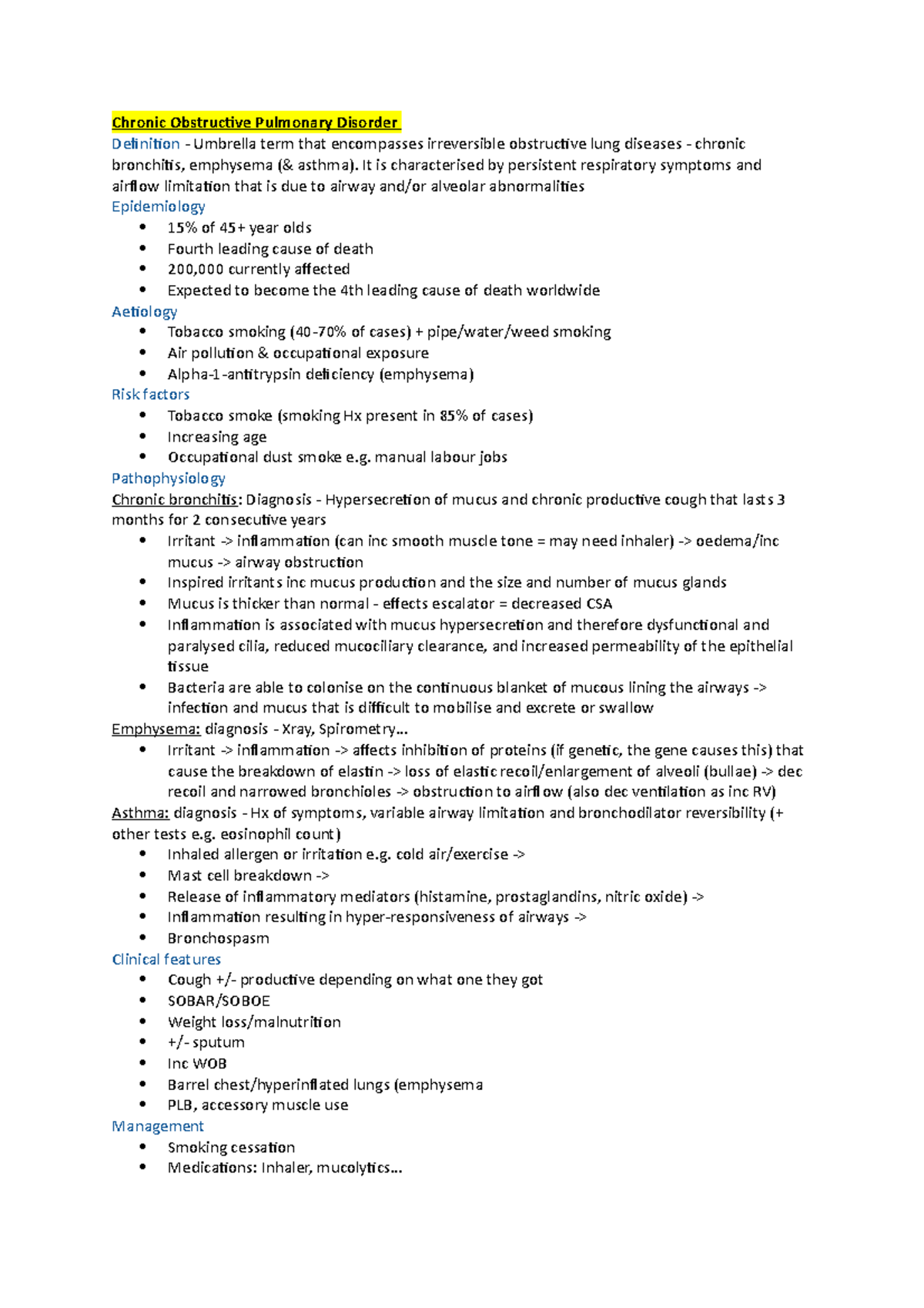 Acute care summary Chronic Obstructive Pulmonary Disorder Definition