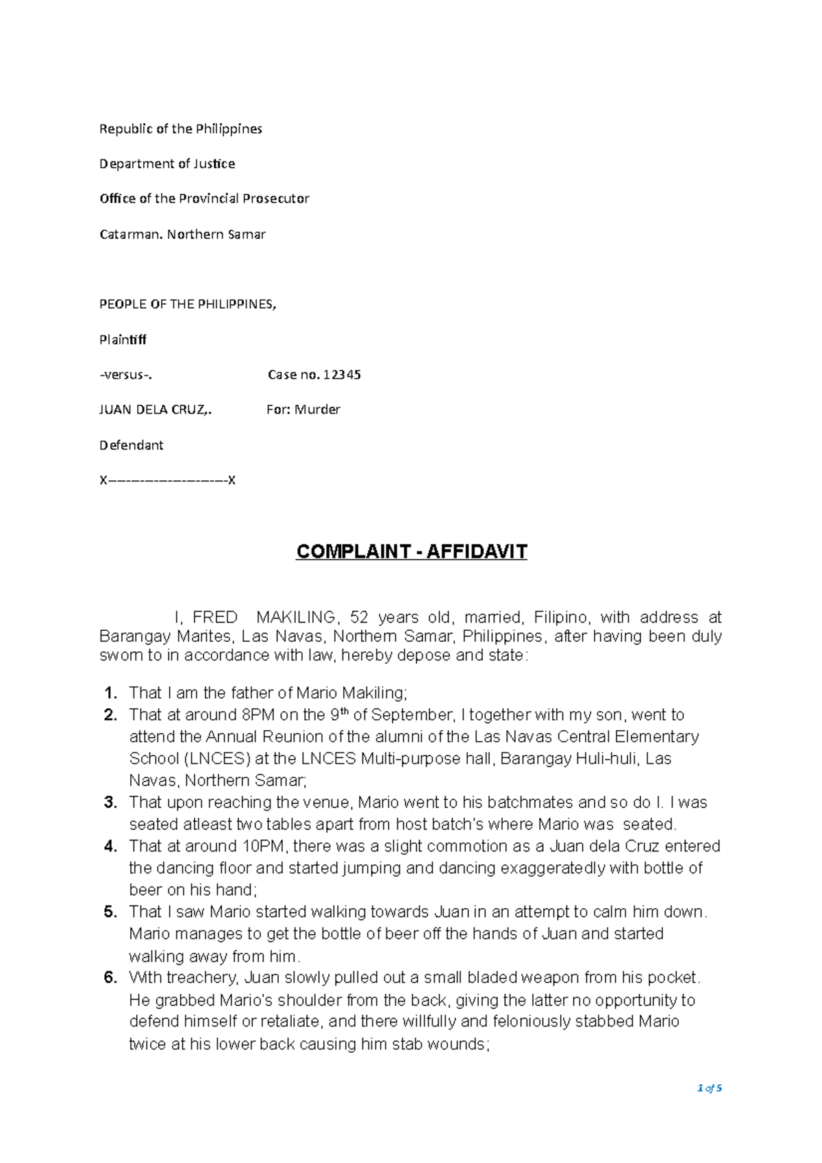 Sample Complaint Affidavit - Republic Of The Philippines Department Of ...