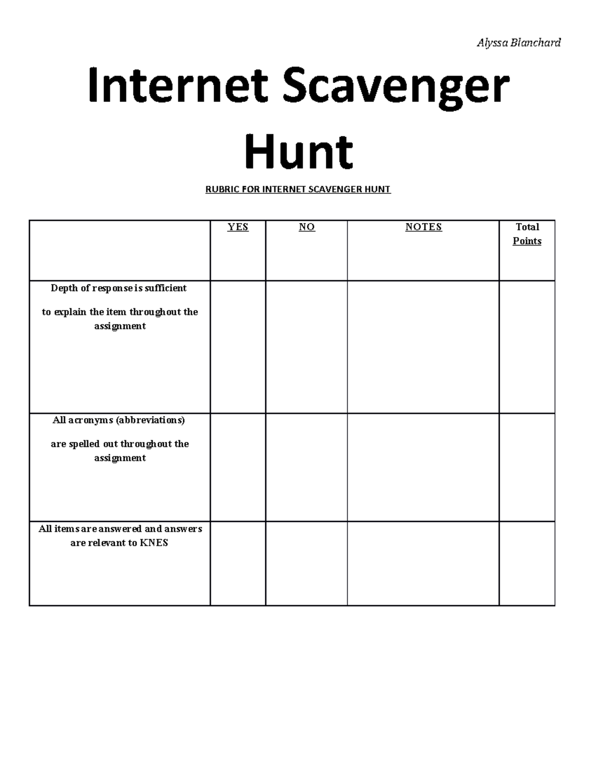 Internet Scavenger Hunt Internet Scavenger Hunt RUBRIC FOR INTERNET