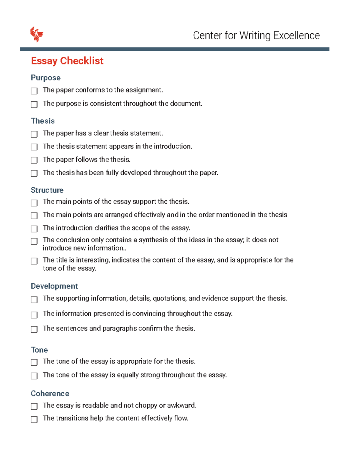 CWE Essay Checklist - Essay Checklist Purpose Thesis The paper conforms ...