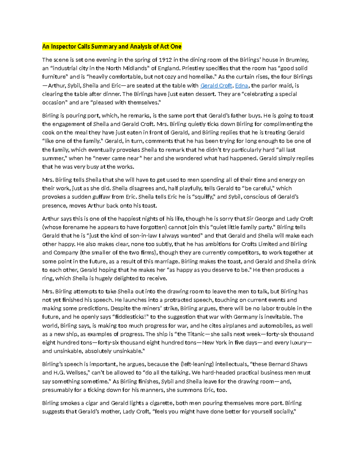 An Inspector Calls Summary An Inspector Calls Summary and Analysis of Act One - Priestley