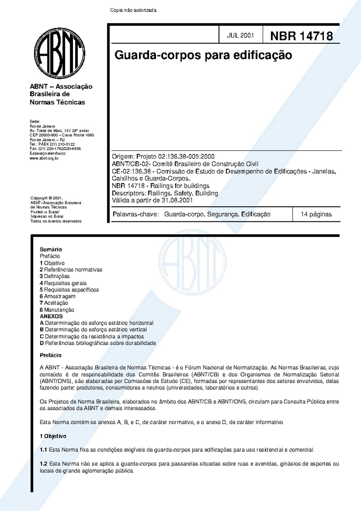 NBR 14718 Guarda Corpos Edificacoes - Sede: Rio de Janeiro Av. Treze de ...