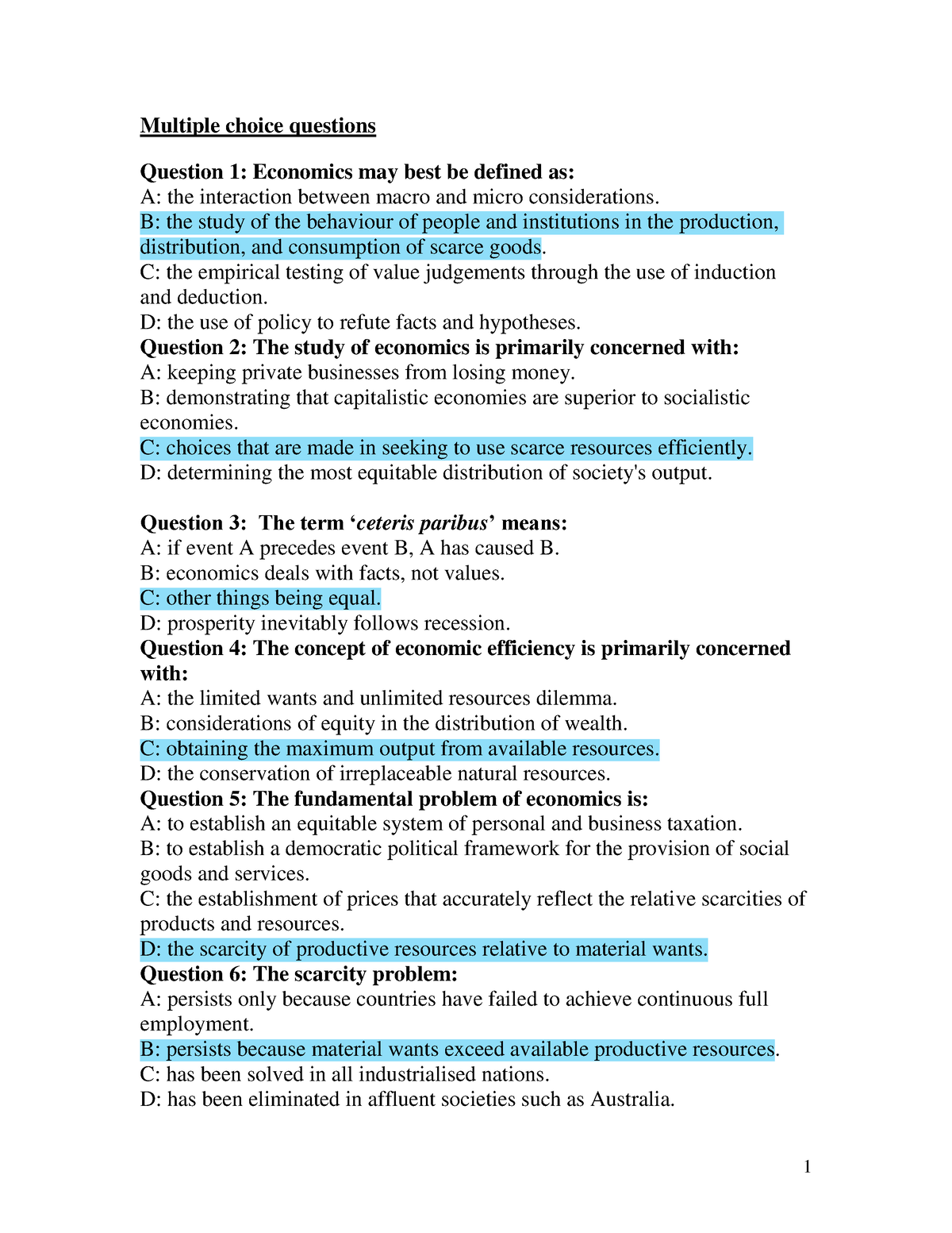 Mulp 1 Economic Concept - 1 Multiple Choice Questions Question 1 ...