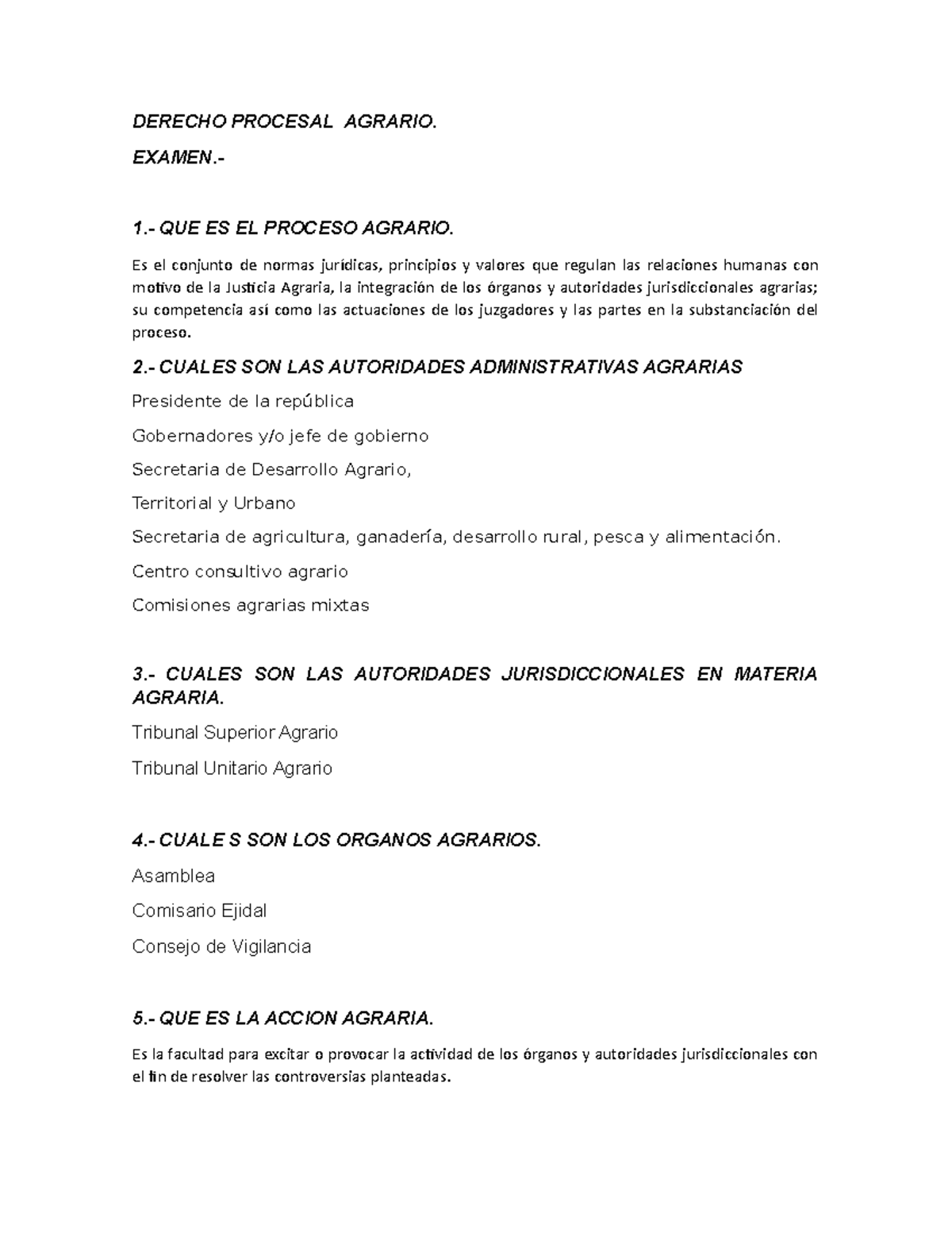 Derecho Procesal Agrario Examen - DERECHO PROCESAL AGRARIO. EXAMEN.- 1 ...