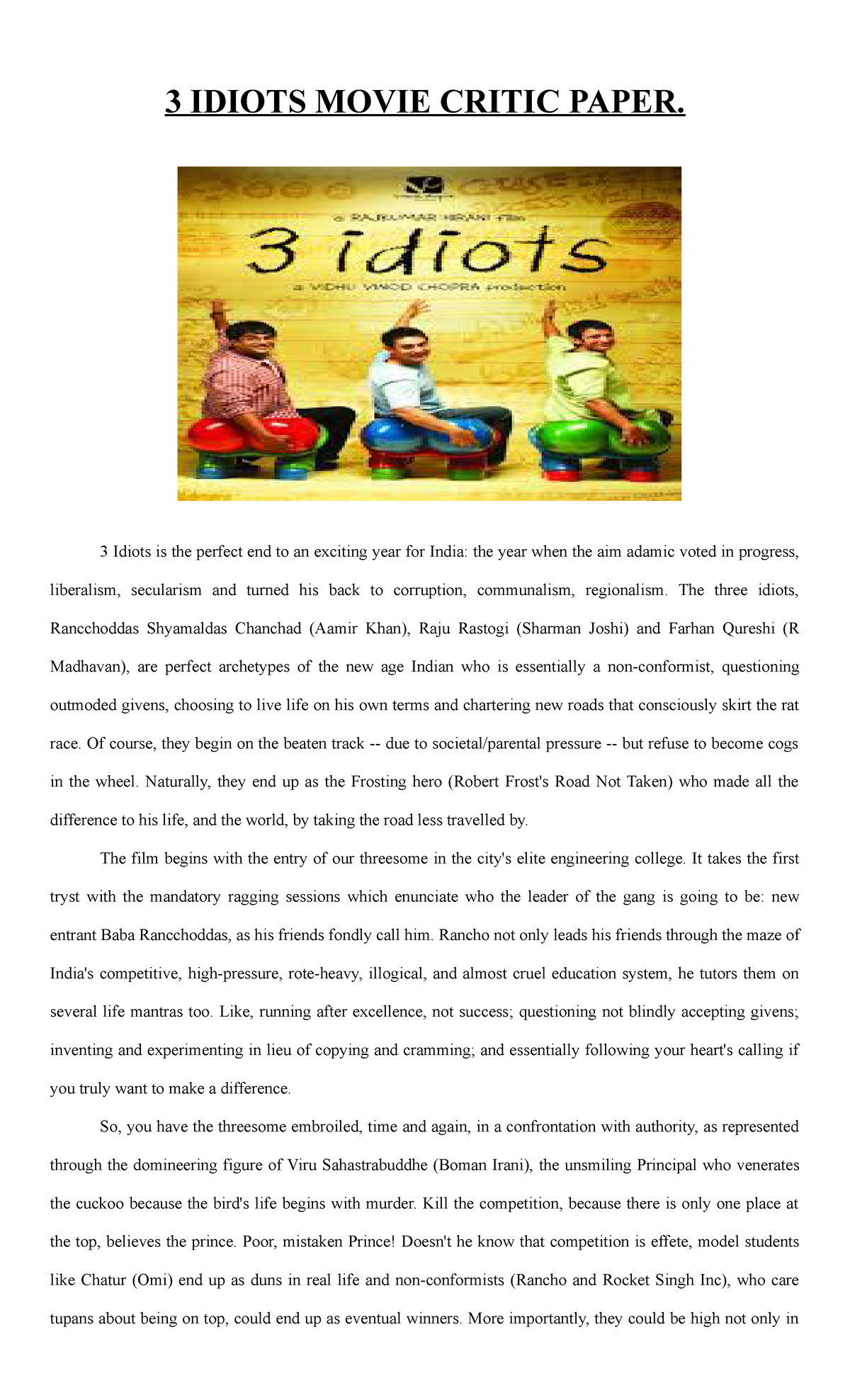 essay about the movie 3 idiots