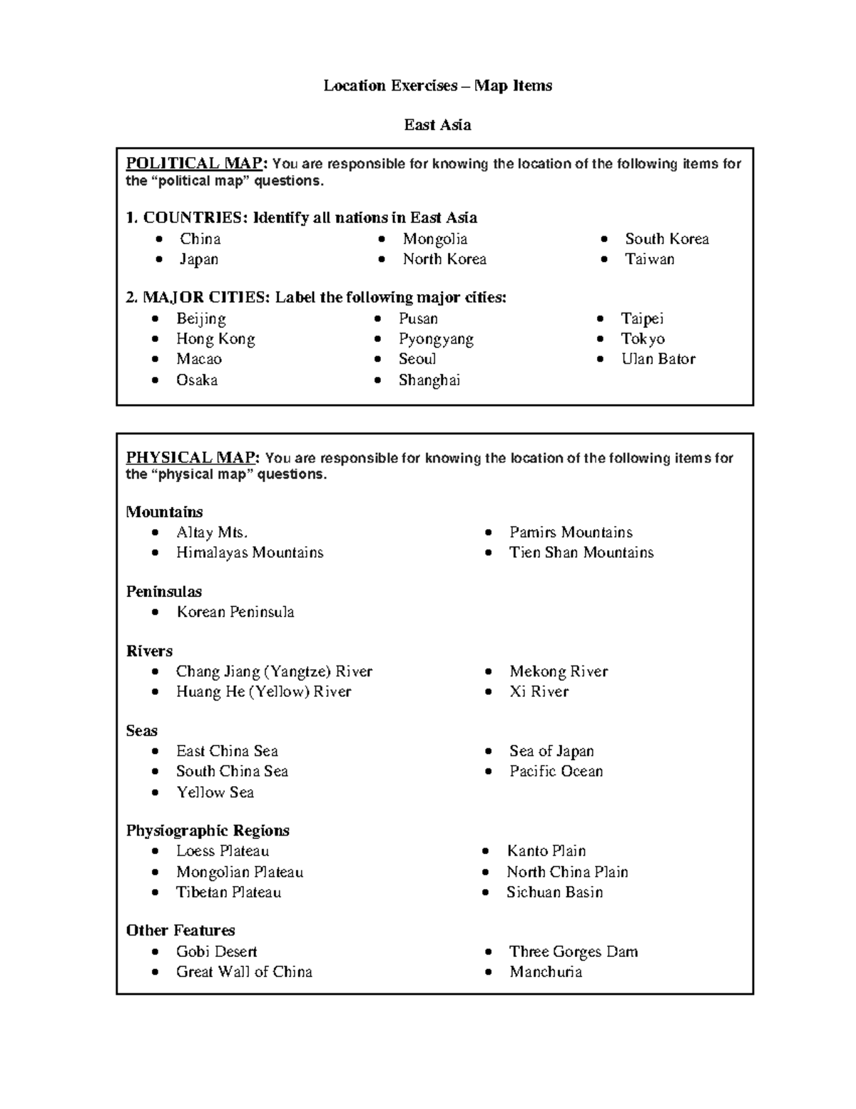 East Asia Location Exercises Study Guide - Location Exercises – Map ...
