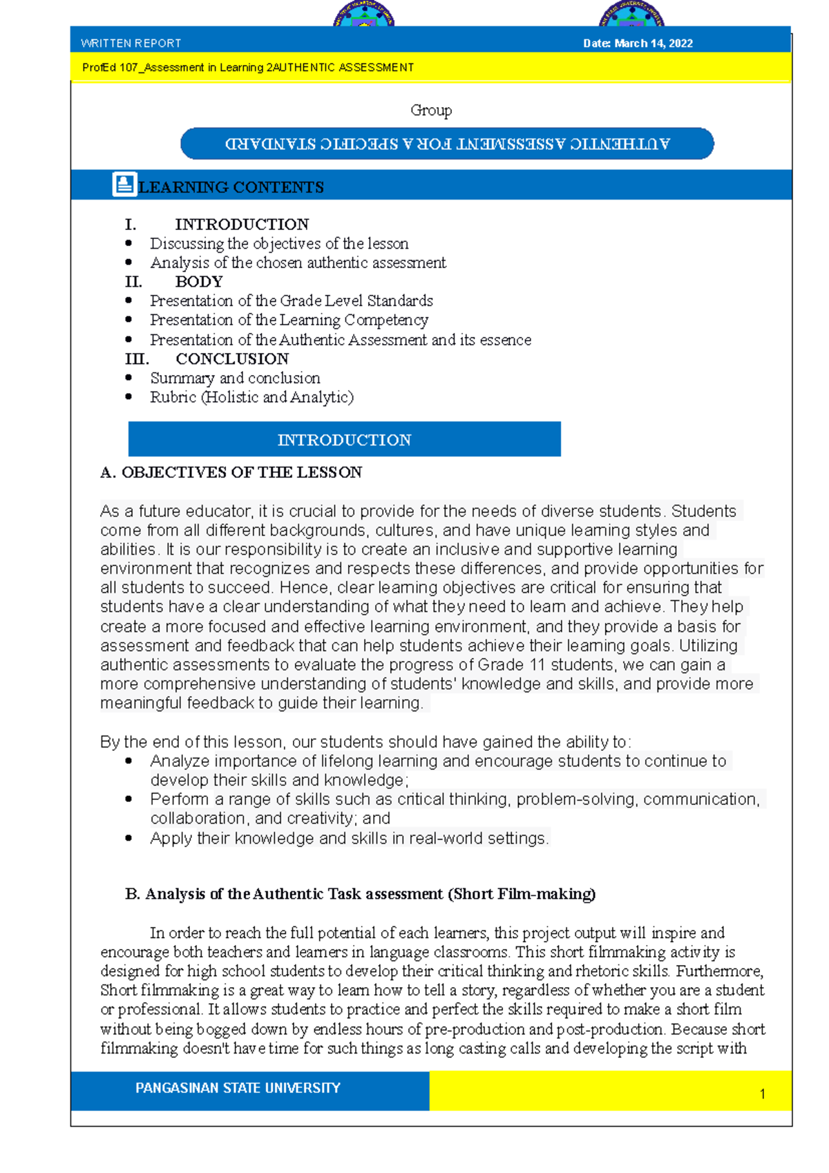 Assessment- Template - AUTHENTIC ASSESSMENT FOR A SPECIFIC STANDARD ...