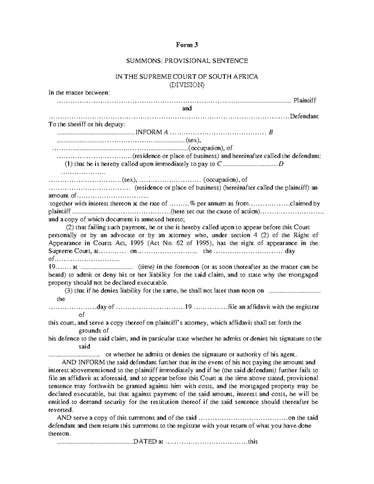 59 1959 supreme court 2 first schedule form 3 - Form 3 SUMMONS ...