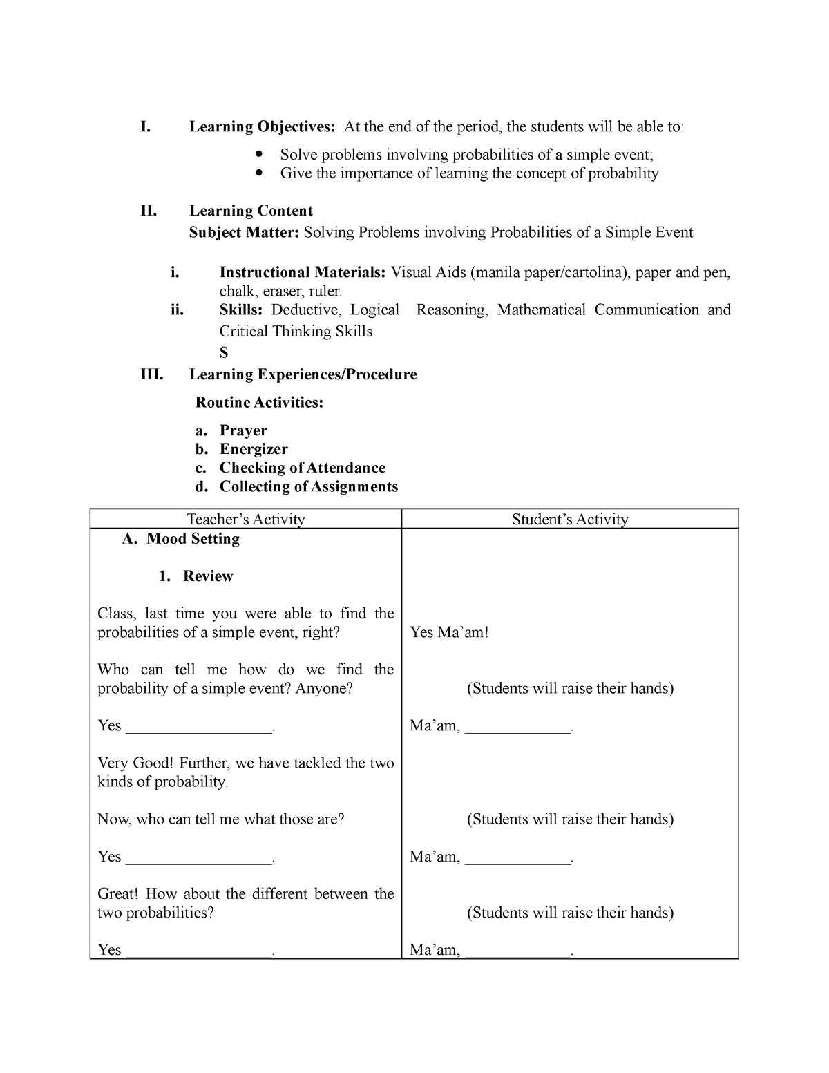 Lesson Plan in Solving Problems involving Probabilities of a Simple ...