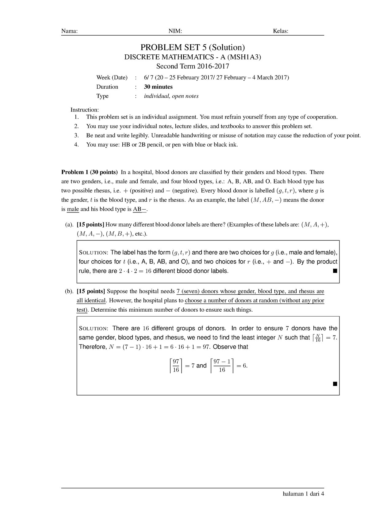 Pembahasan Lengkap Problem Set Minggu 5 - Nama: NIM: Kelas: PROBLEM SET ...