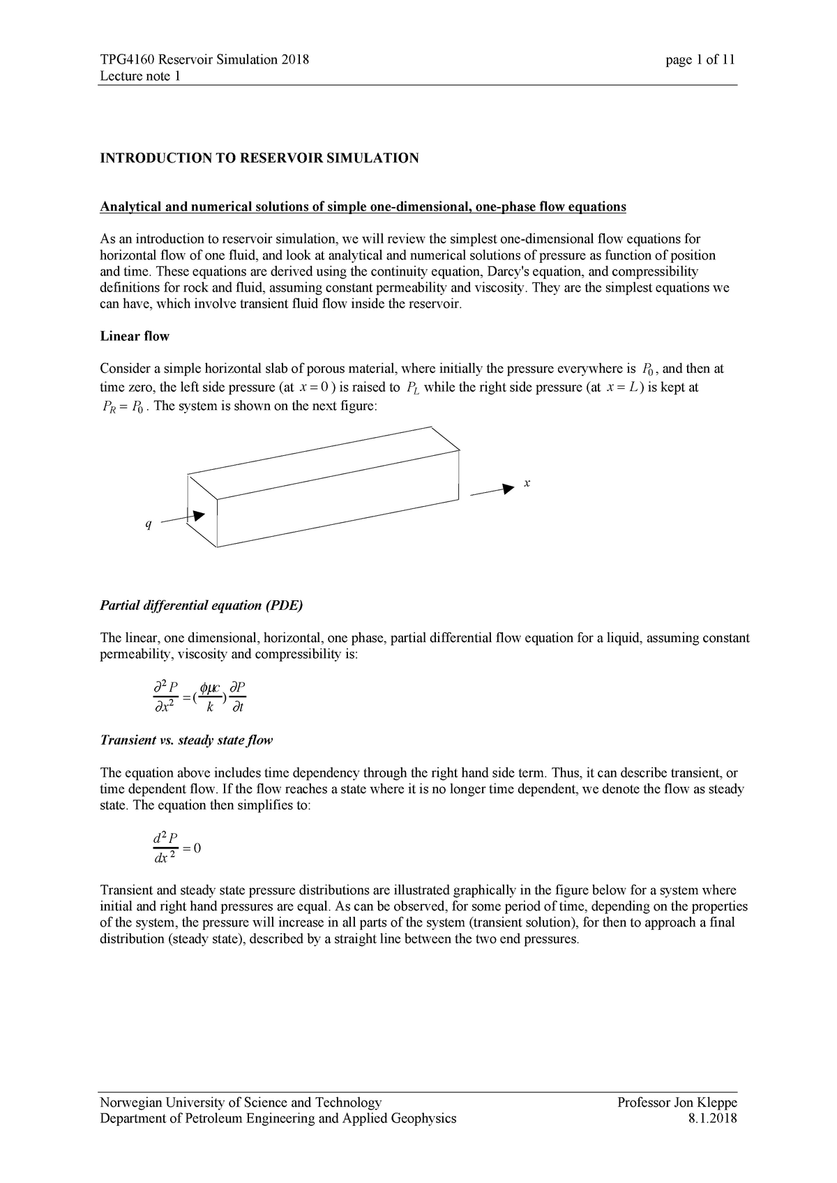 Note1 - Introduction To Reservoir Simulation - Lecture Note 1 Norwegian ...