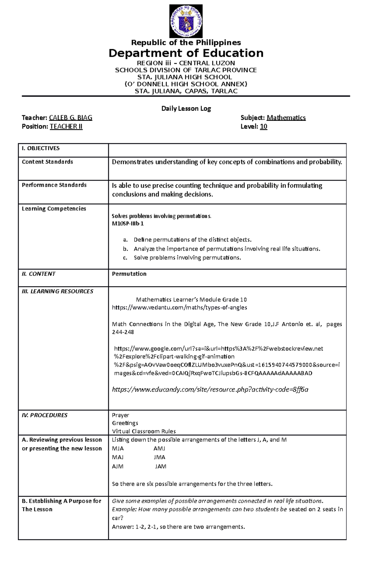 Caleb Biag-DLL-Permutation - Republic of the Philippines Department of ...