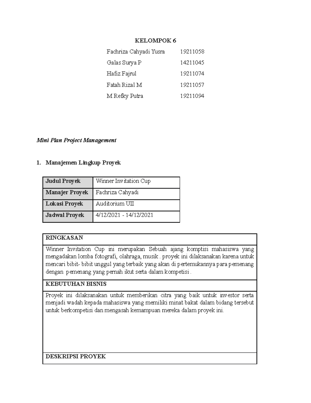Mini Plan Project Management KELOMPOK 6 Fachriza Cahyadi Yusra