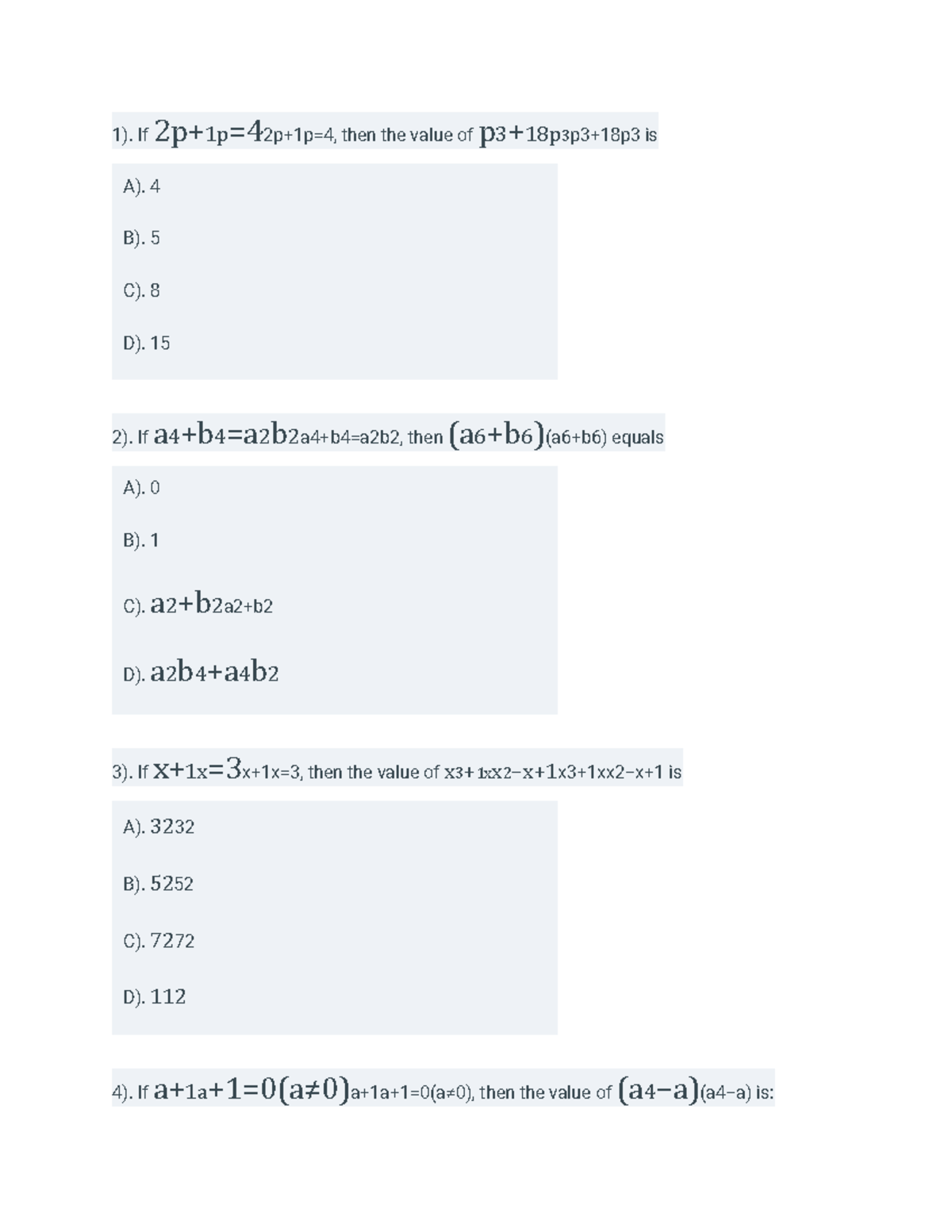 Elementary Mathematics 3 - 1). If 2p+1p=42p+1p=4, then the value of p 3 ...