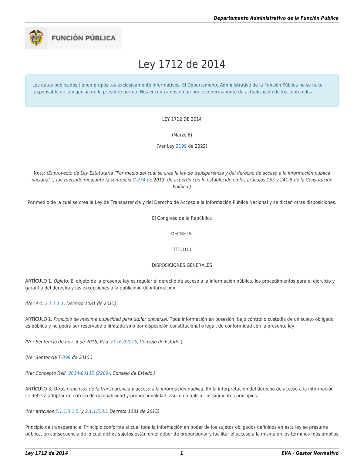 Ley 1712 De 2014 Ley 1712 De 2014 Ley 1712 De 2014 Los Datos Publicados Tienen Propósitos 3624