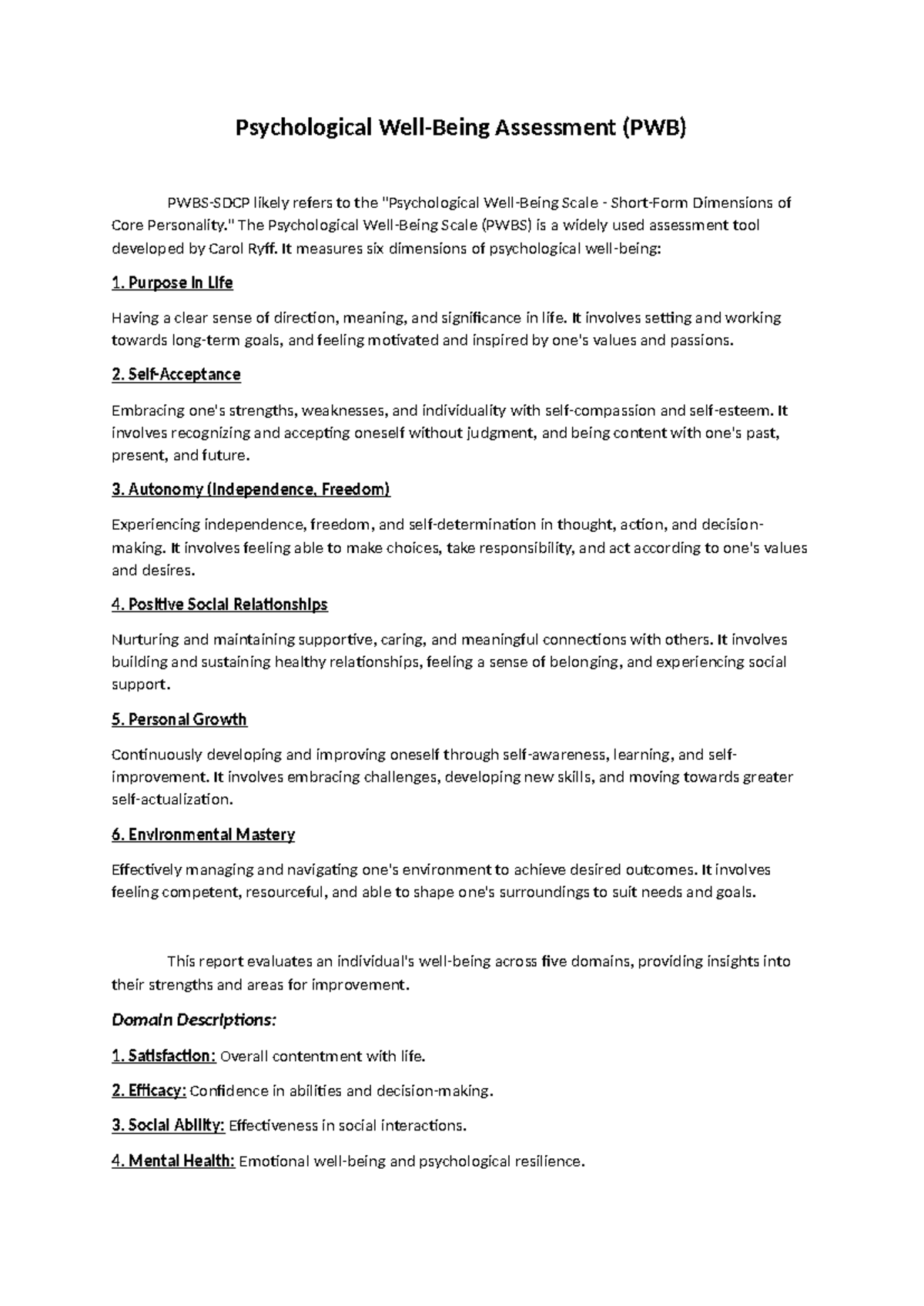 Psychological Well(PWS) - Psychological Well-Being Assessment (PWB ...