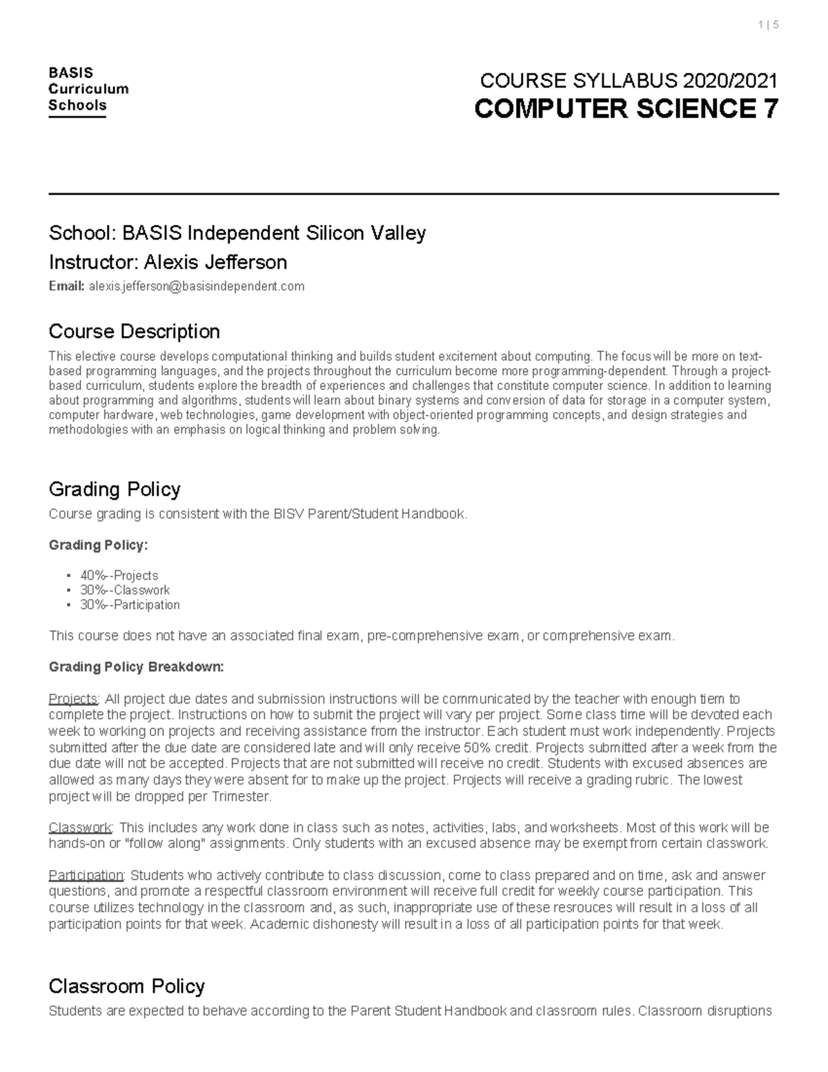 Computer science 7 syllabus - COURSE SYLLABUS 2020/ COMPUTER SCIENCE 7 ...