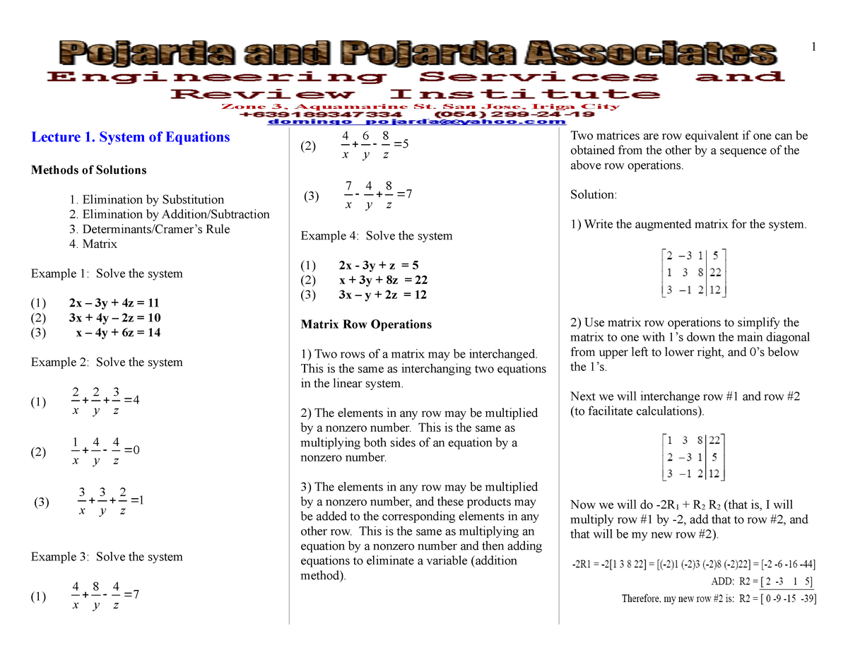 Lecture Notes In Mathematics Lecture 1 System Of Equations Methods Of Solutions Elimination By Studocu