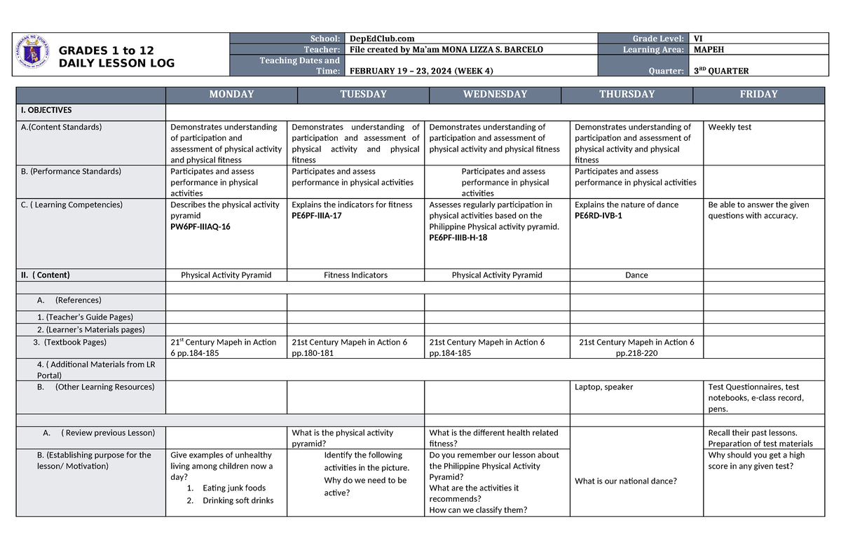 Dll Mapeh 6 Q3 W4 Daily Lesson Log Grades 1 To 12 Daily Lesson Log