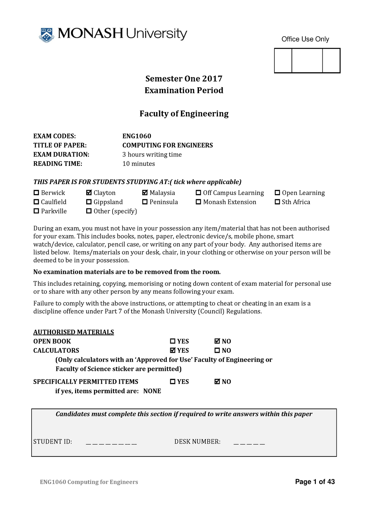 Eng1060 Exam 2017 S1 Solutions Office Use Only Semester One 2017 Examination Period Faculty Of