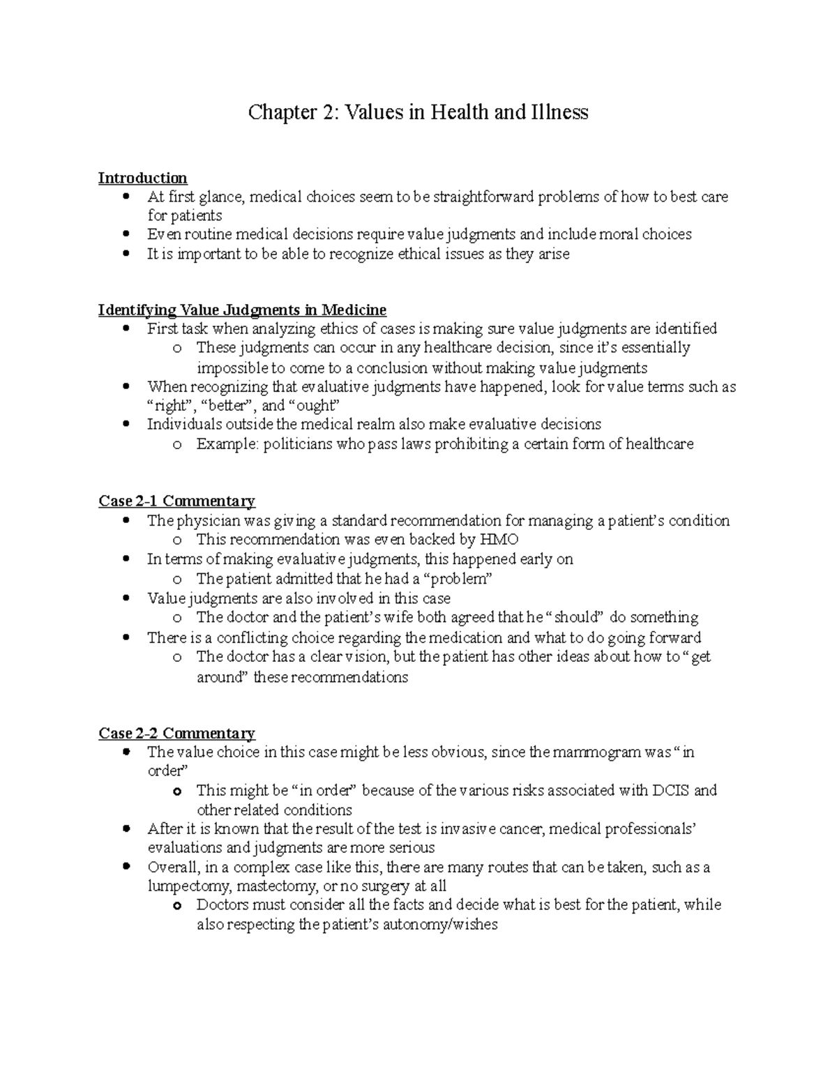 Chapter 2 Outline - Chapter 2: Values in Health and Illness ...