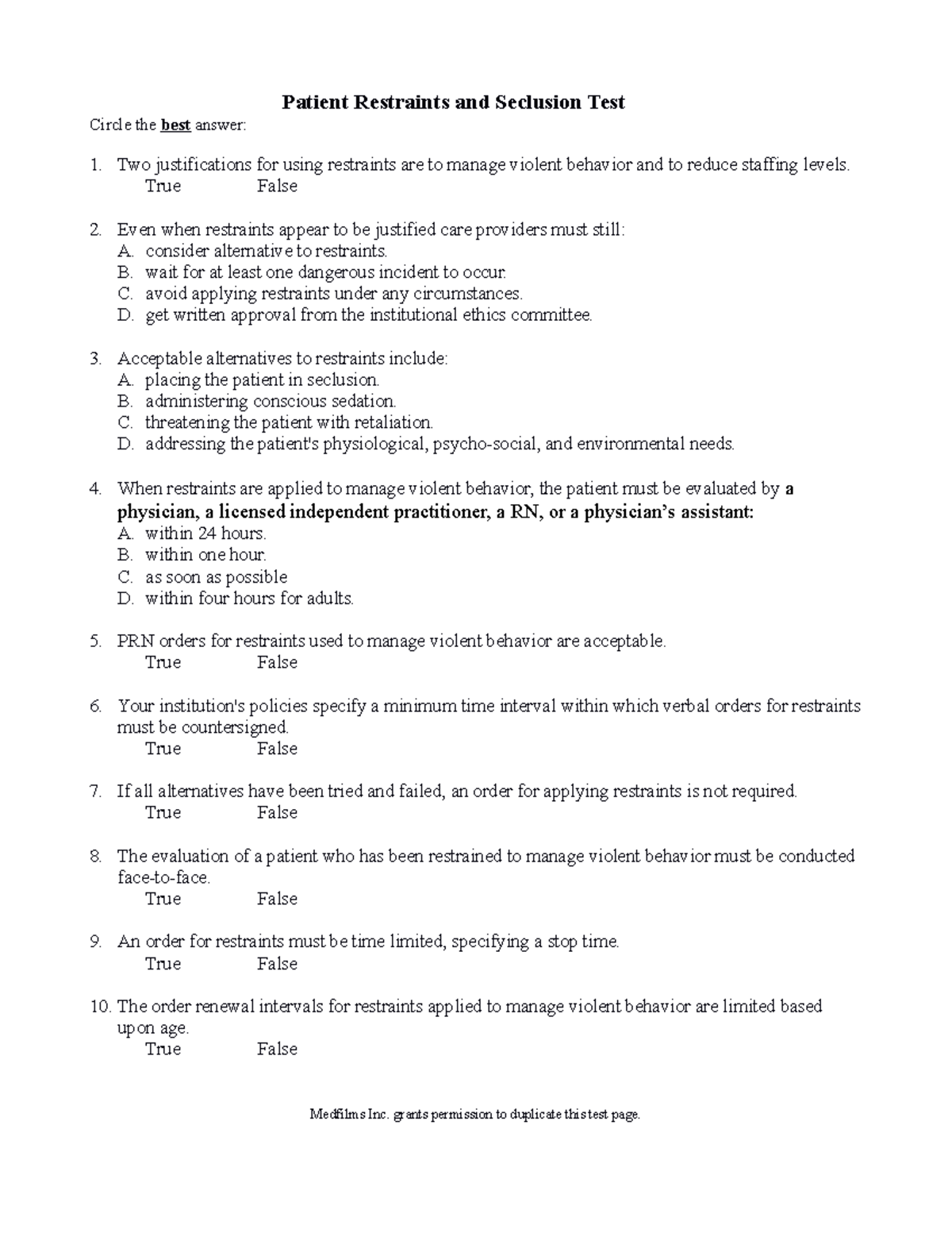 Patient Restraints and Seclusion Test - 101 - Studocu