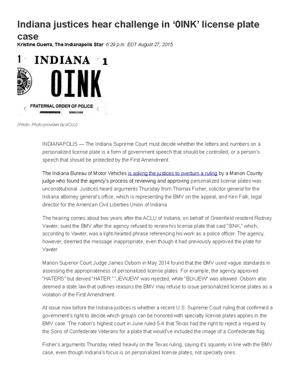 PSC121 Chapter 4 OINK article - Indiana justices hear challenge in