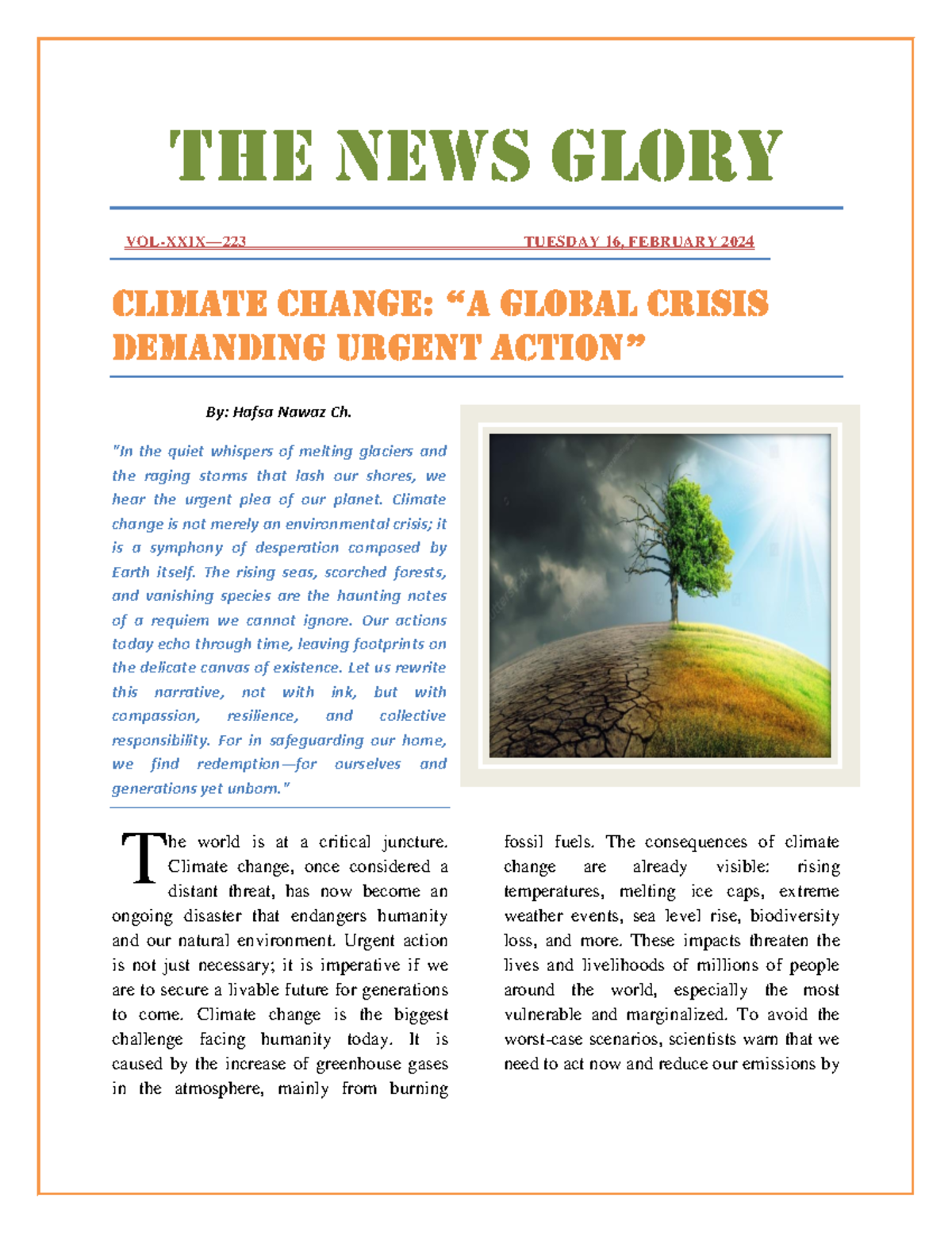 Climate change newspaper article - THE NEWS GLORY VOL-XXIX— 223 TUESDAY ...