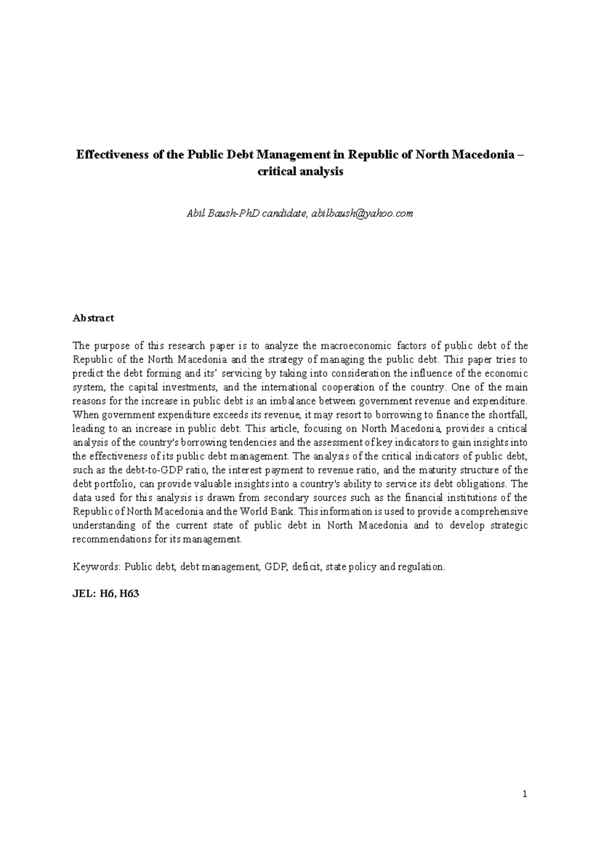 Effectiveness of the Public Debt Managem - This paper tries to predict ...