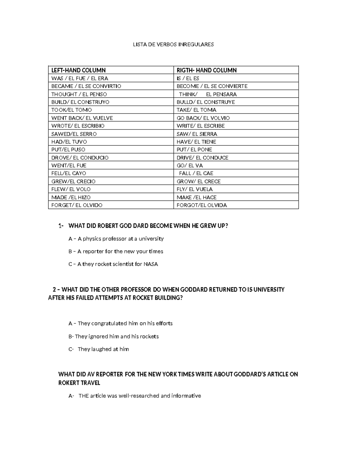 Lista DE Verbos Inregulares - LISTA DE VERBOS INREGULARES LEFT-HAND ...