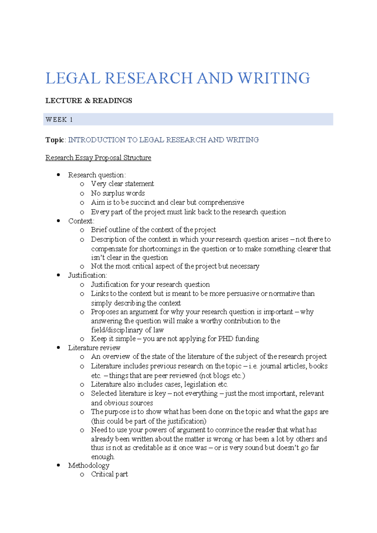 Notes - LEGAL RESEARCH AND WRITING LECTURE & READINGS WEEK 1 Topic ...
