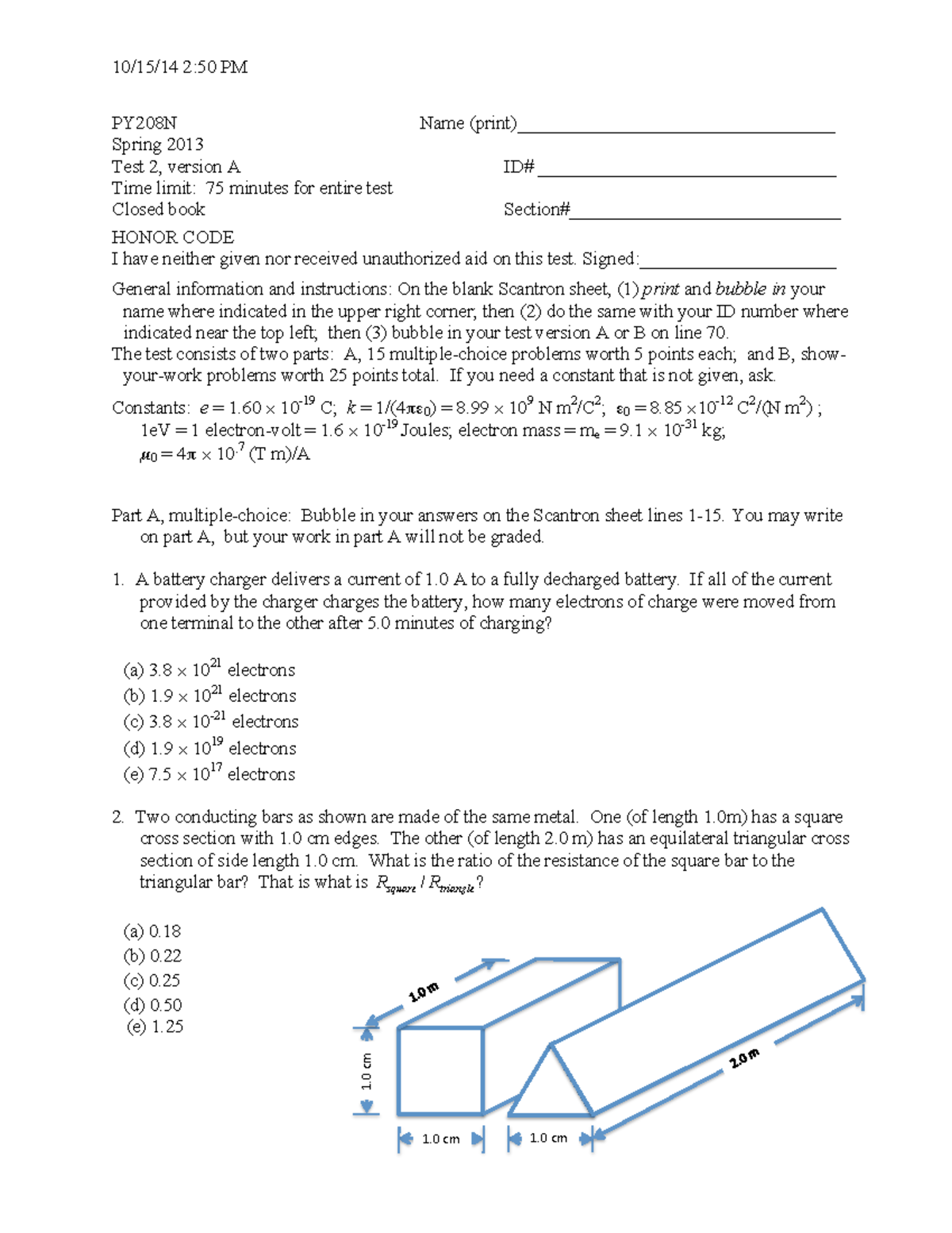 Prac Test 2F - physics 2 practice test F for test 2 problems - PY208N ...