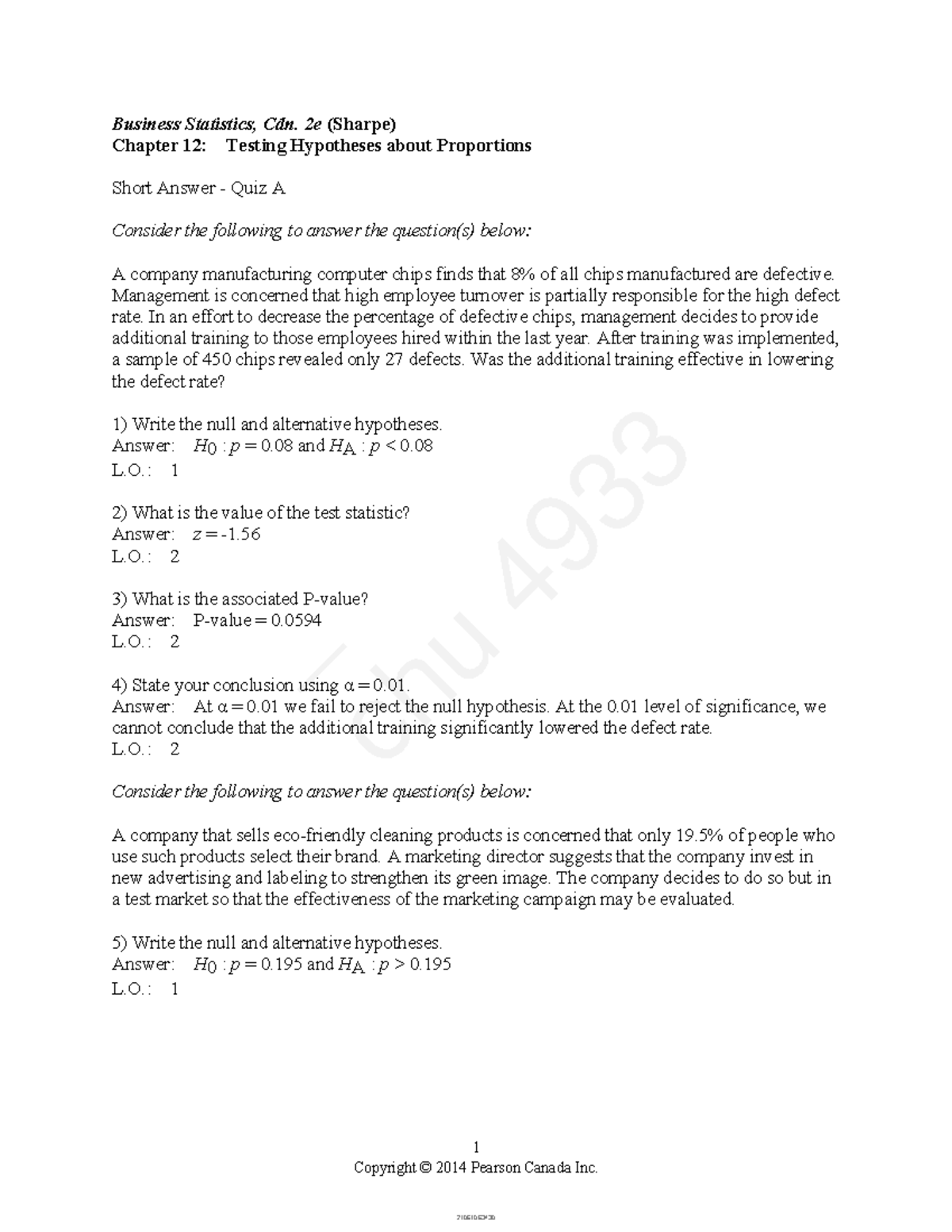 Chapter 12 - 1 Copyright © 2014 Pearson Canada Inc. Business Statistics ...