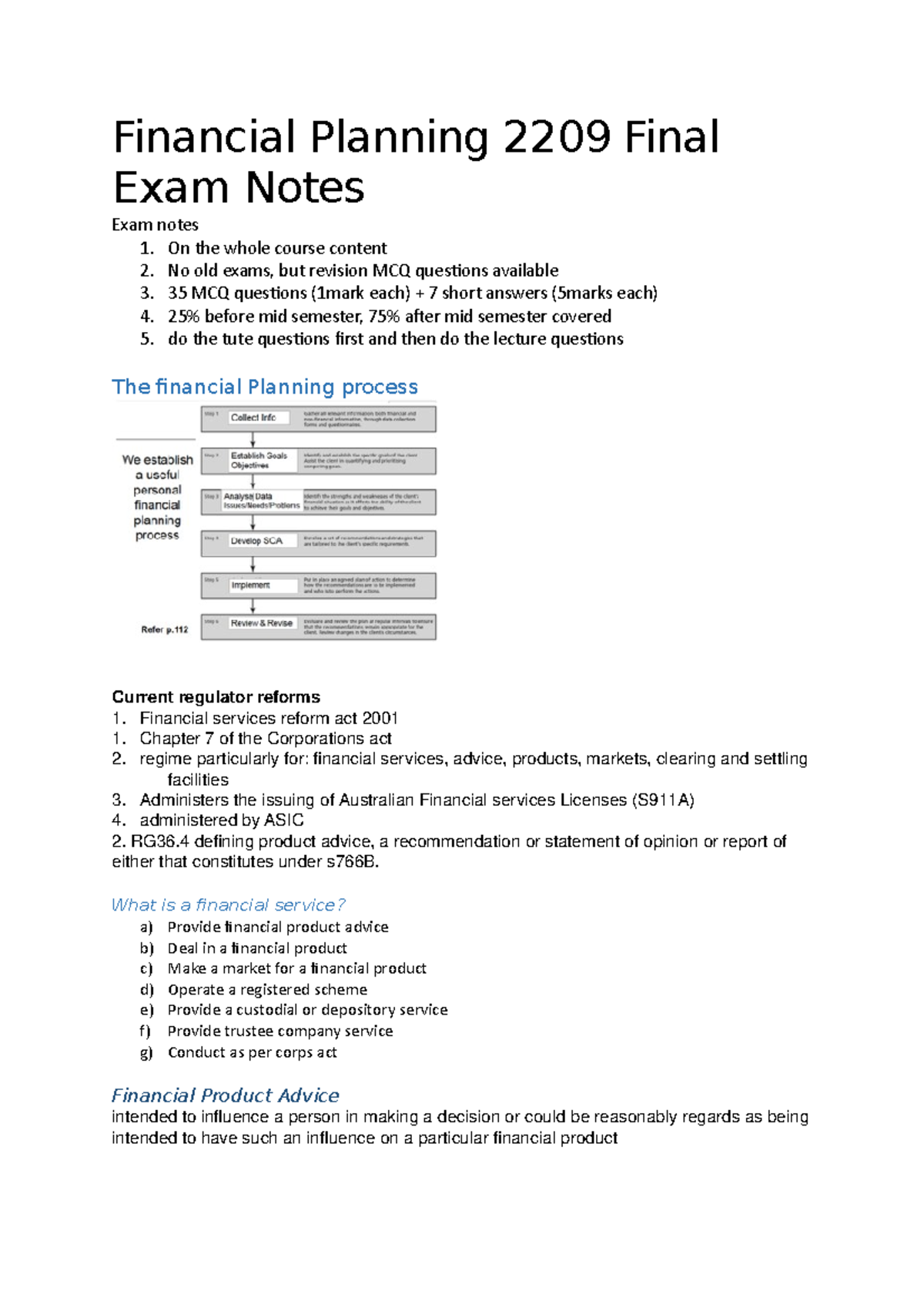 2209 Finanal Exam Notes Financial Planning 2209 Final Exam Notes Exam