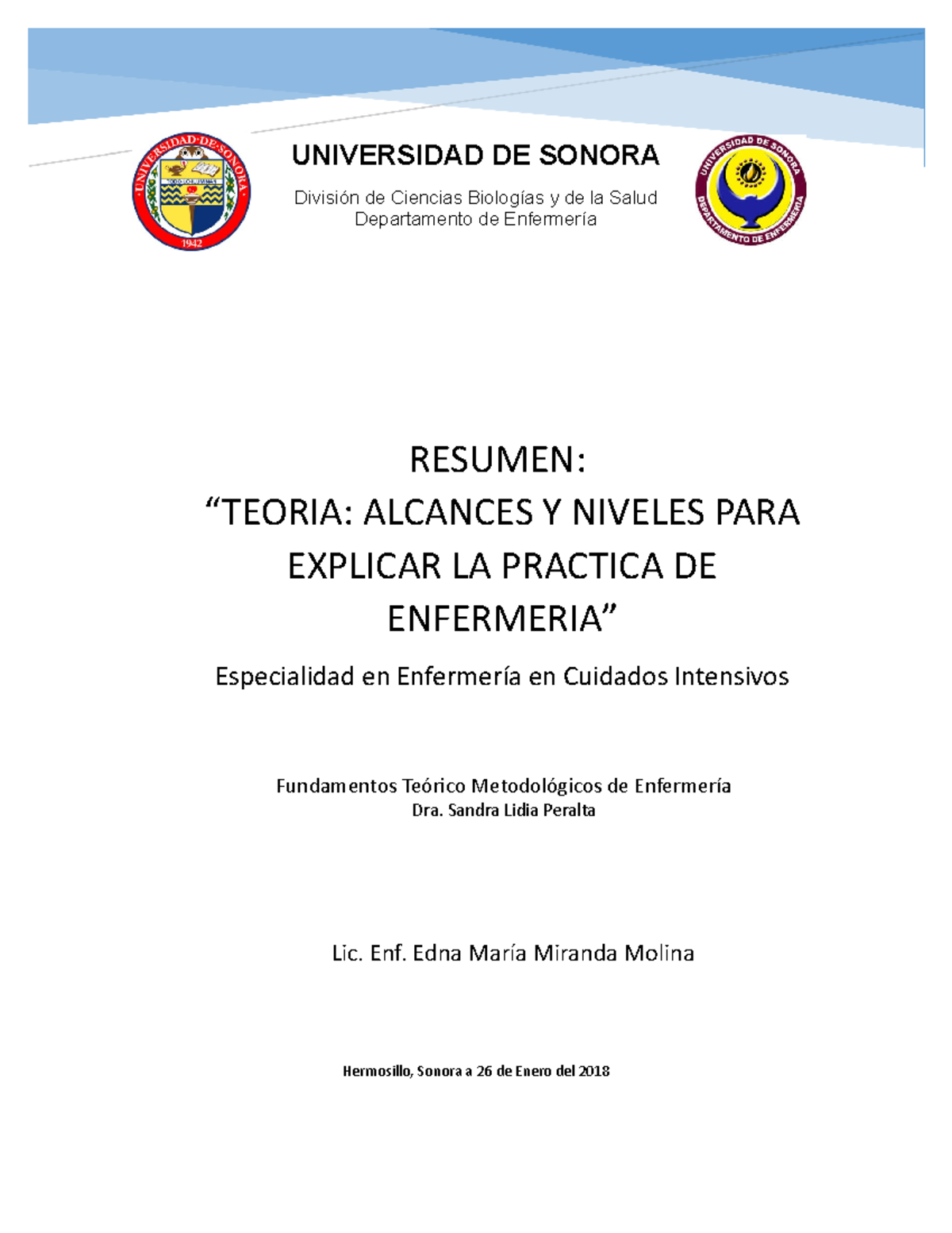 Resumen De Fundamentos De Enfermería - UNIVERSIDAD DE SONORA De ...